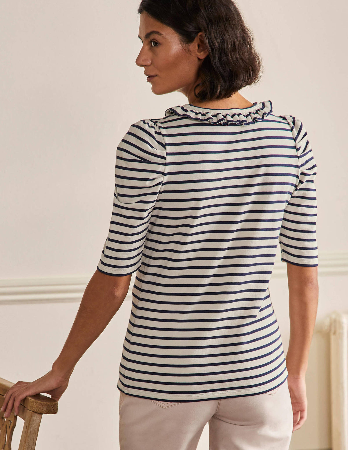Puff Sleeve Frill Neck T-Shirt-Ivory / Navy Stripe - Image 3