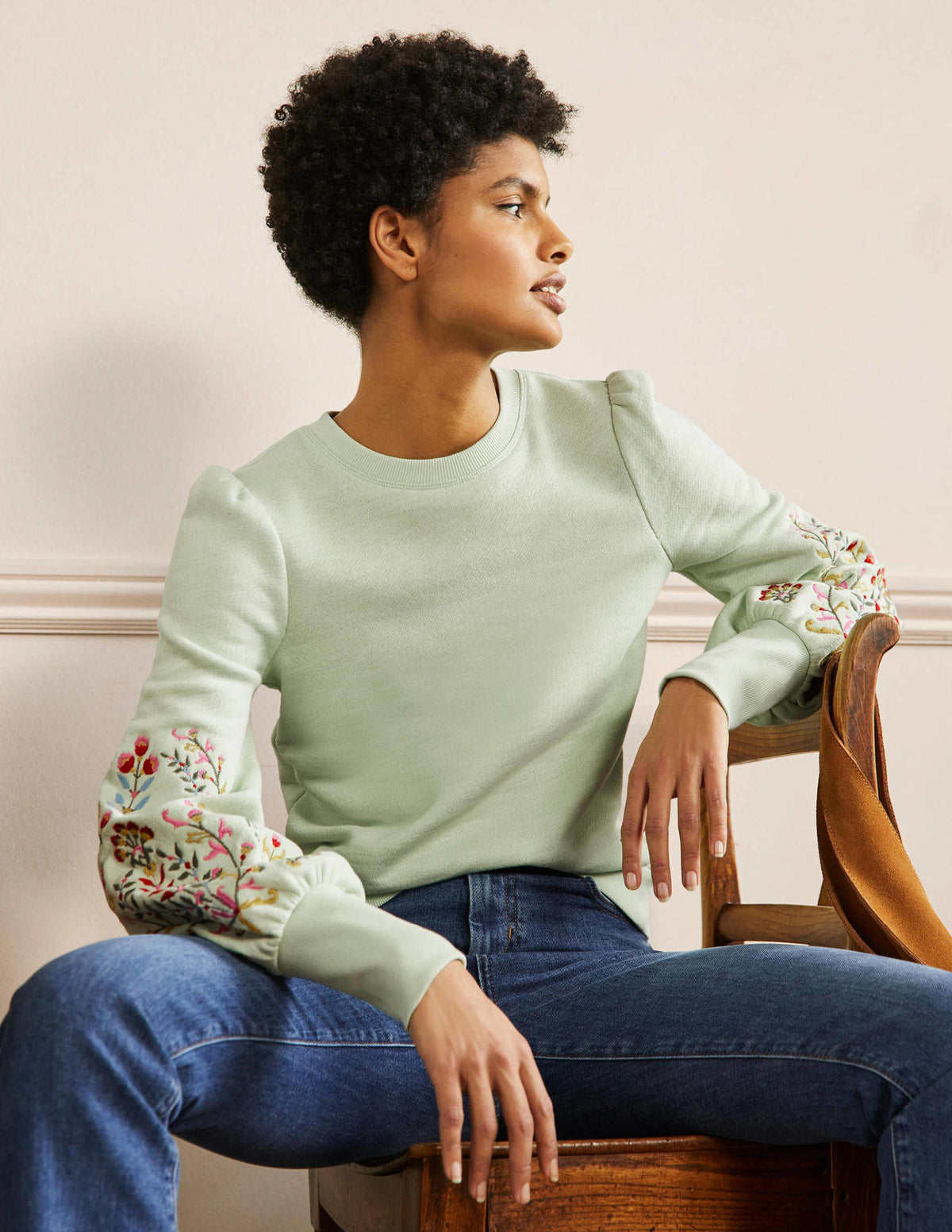 Embroidered Blouson Sweatshirt-Avocado Cream, Embroidery-1