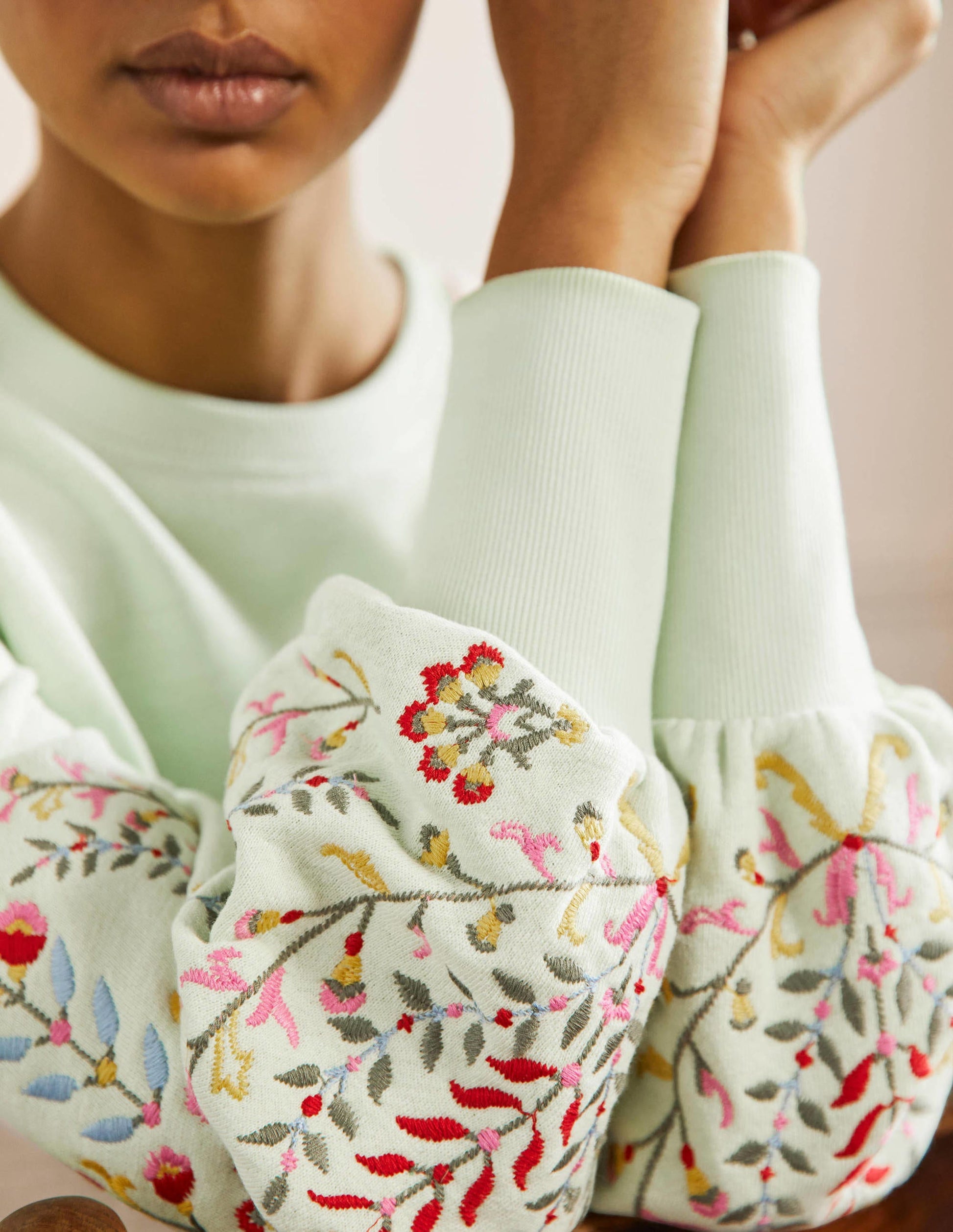 Embroidered Blouson Sweatshirt-Avocado Cream, Embroidery-2