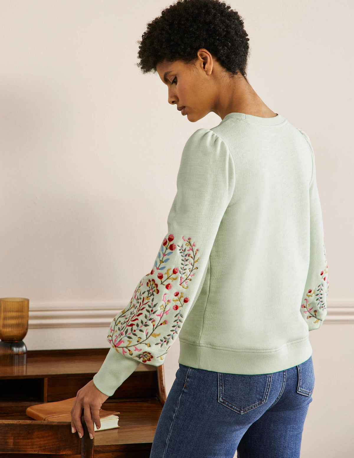 Embroidered Blouson Sweatshirt-Avocado Cream, Embroidery-3