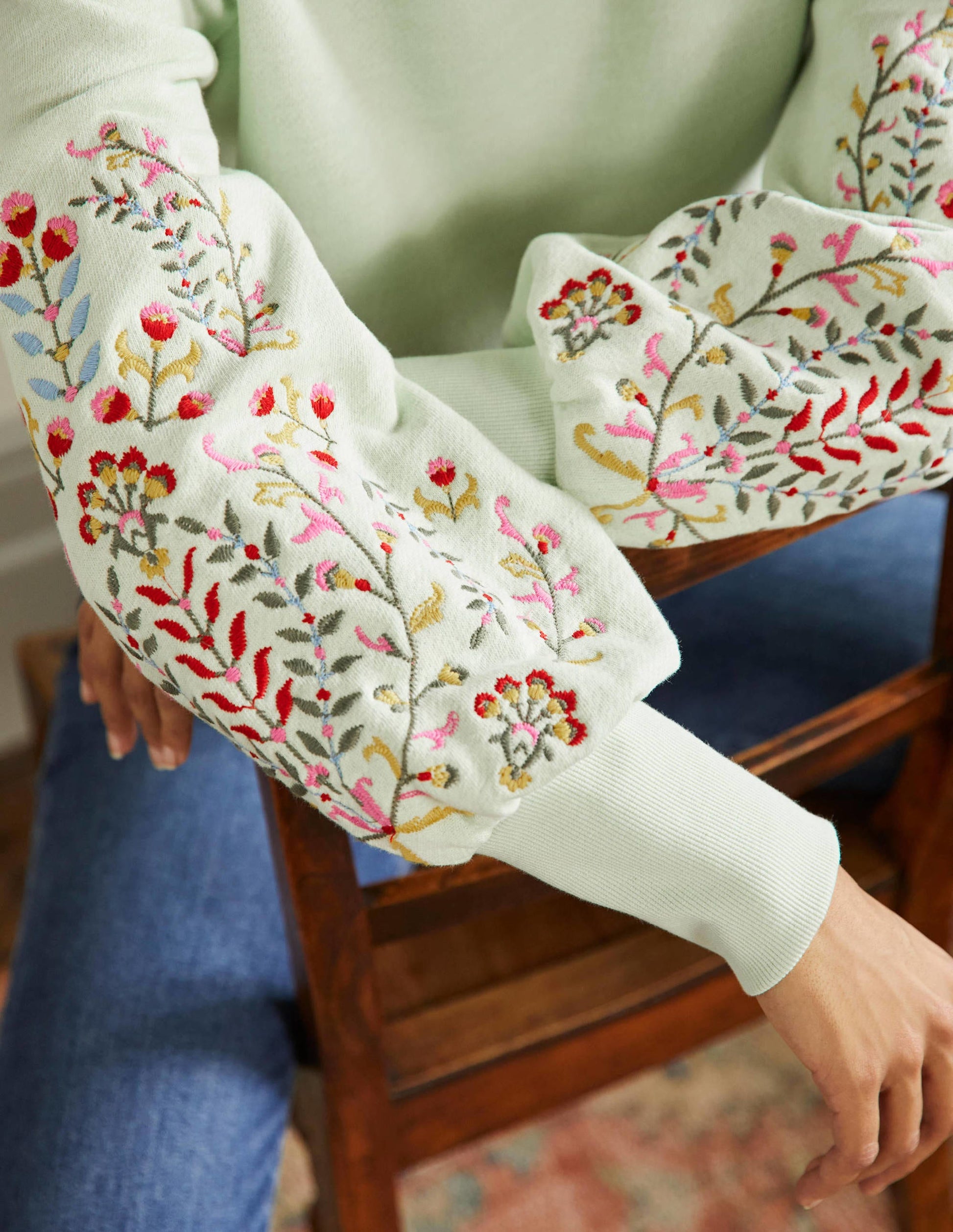 Embroidered Blouson Sweatshirt-Avocado Cream, Embroidery-4