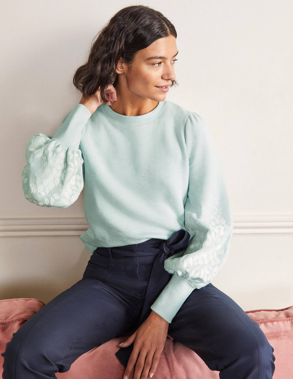 Embroidered Blouson Sweatshirt-Dawn Sky, Ivory Embroidery-1
