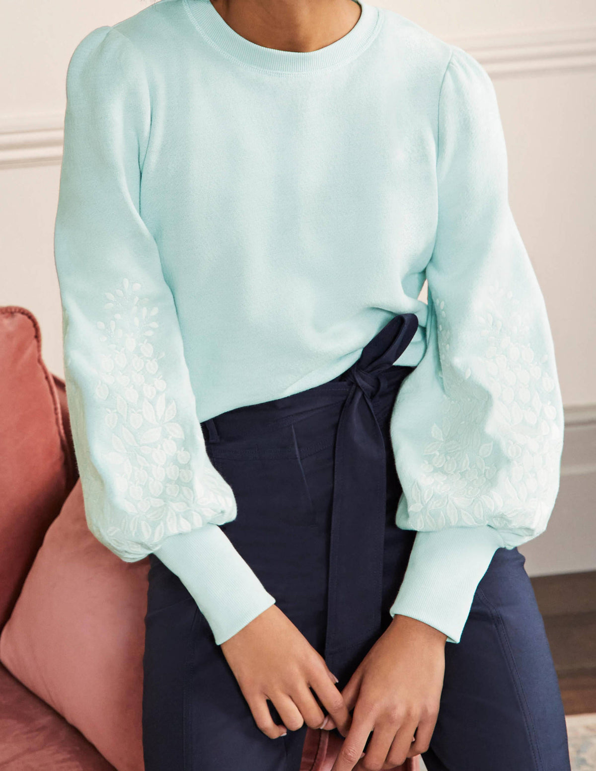 Embroidered Blouson Sweatshirt-Dawn Sky, Ivory Embroidery-4