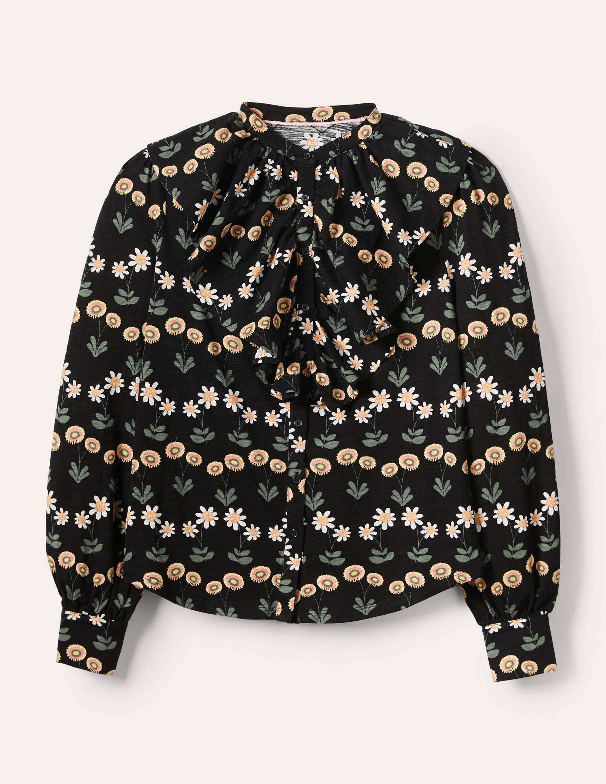 Ruffle Front Jersey Shirt-Black, Delicate Daisy - Image 5