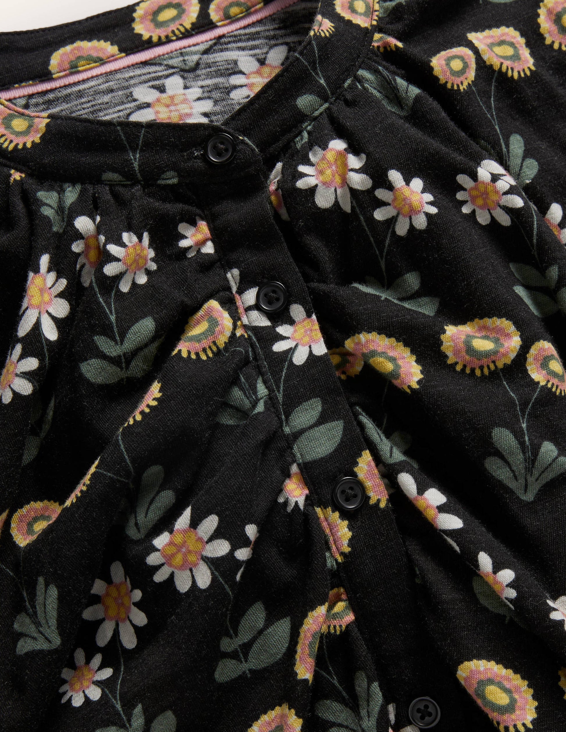 Ruffle Front Jersey Shirt-Black, Delicate Daisy-6