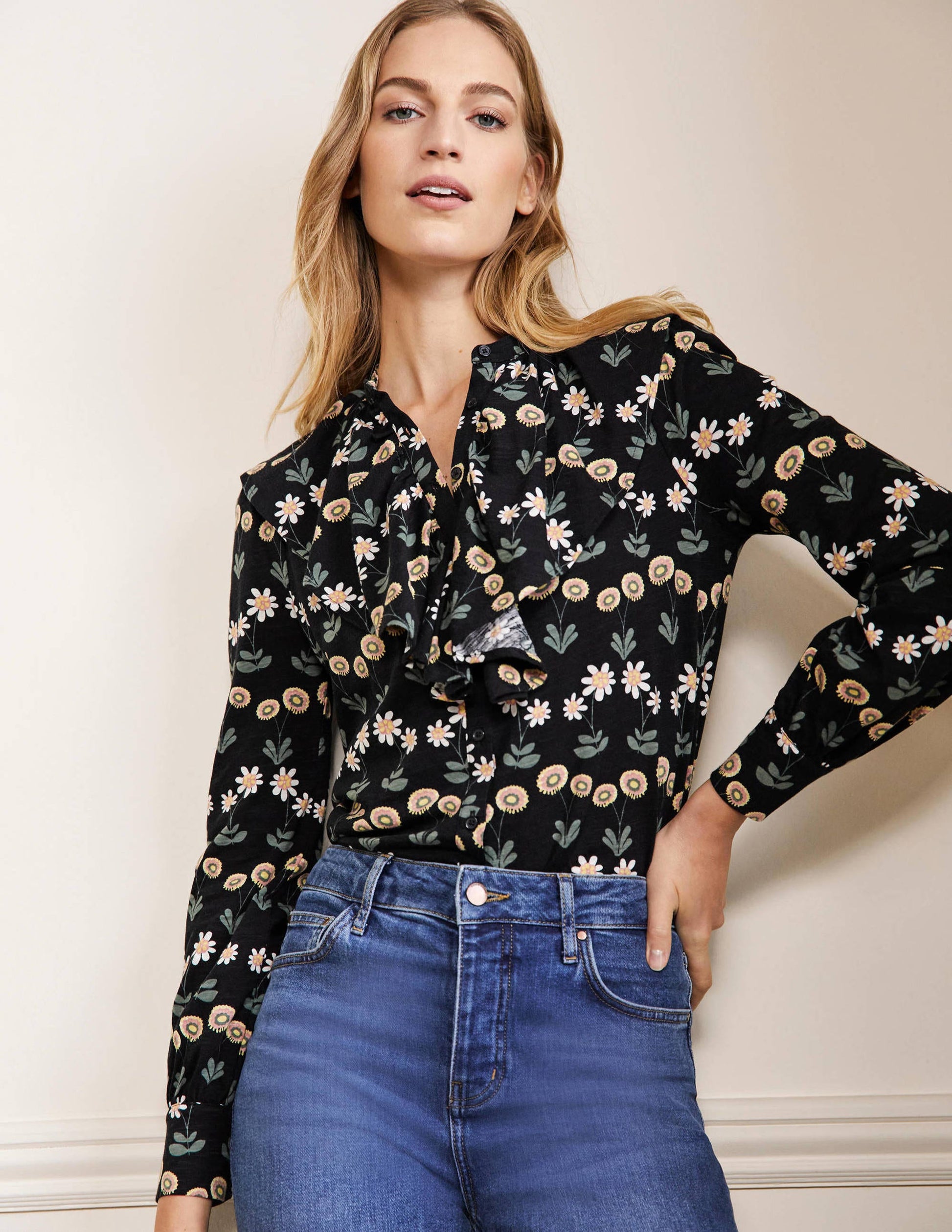 Ruffle Front Jersey Shirt-Black, Delicate Daisy-1