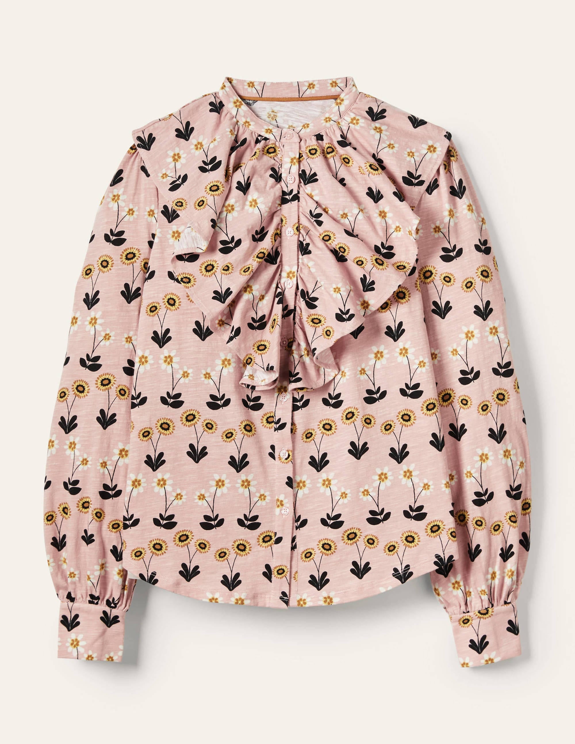 Ruffle Front Jersey Shirt-Milkshake, Delicate Daisy - Image 5