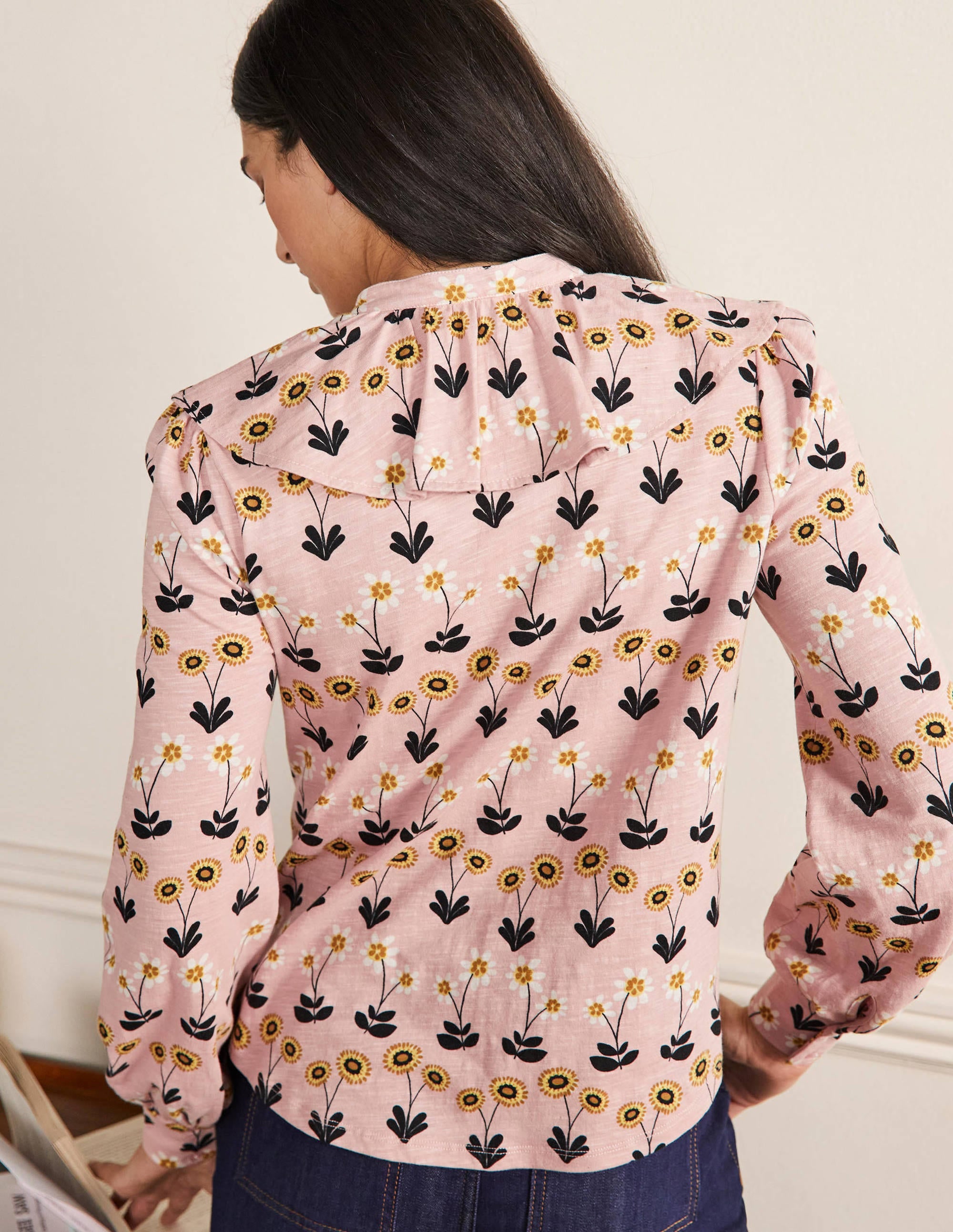 Ruffle Front Jersey Shirt-Milkshake, Delicate Daisy - Image 3