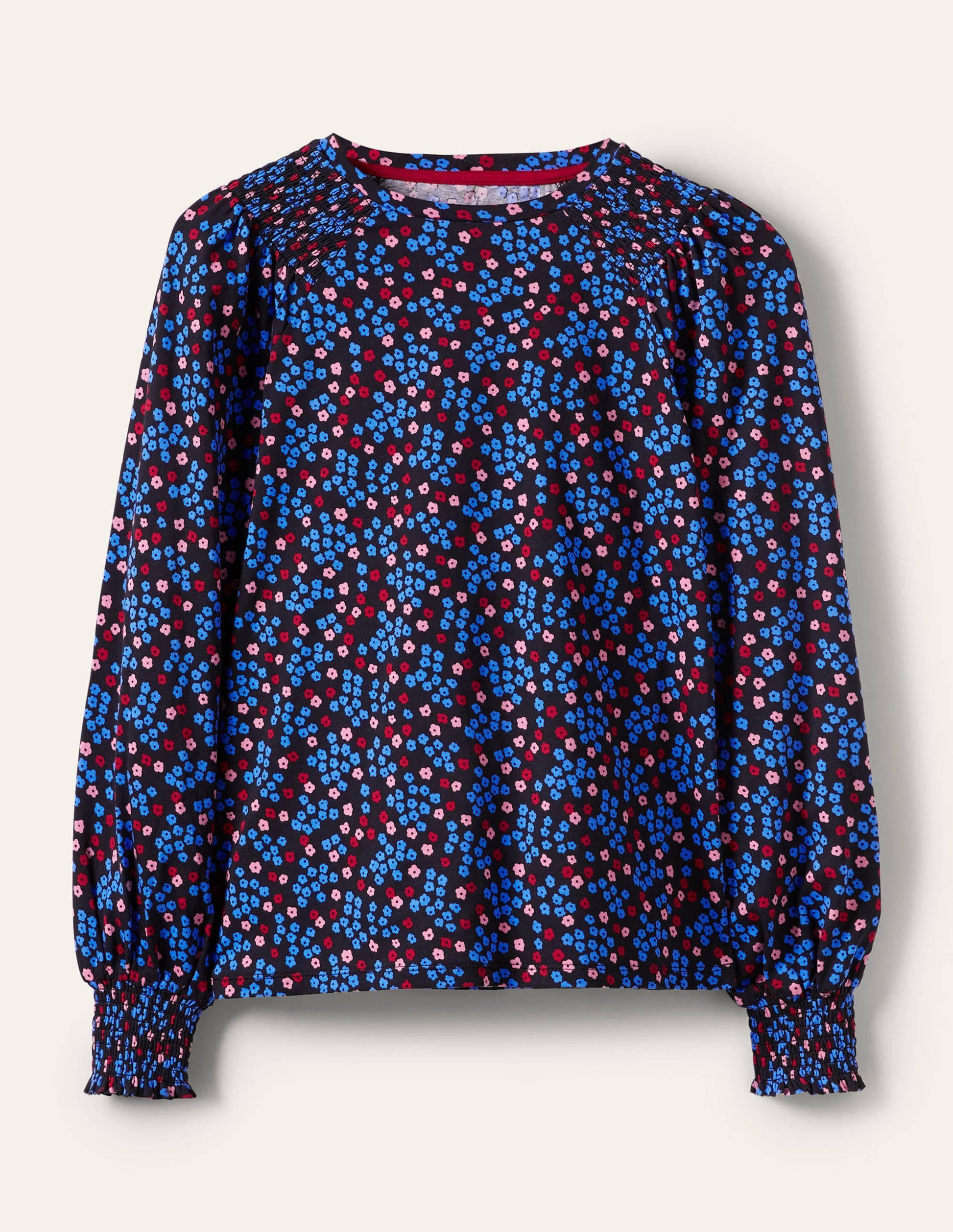 Smocked Blouson Jersey Top-Black Ditsy Cluster-5