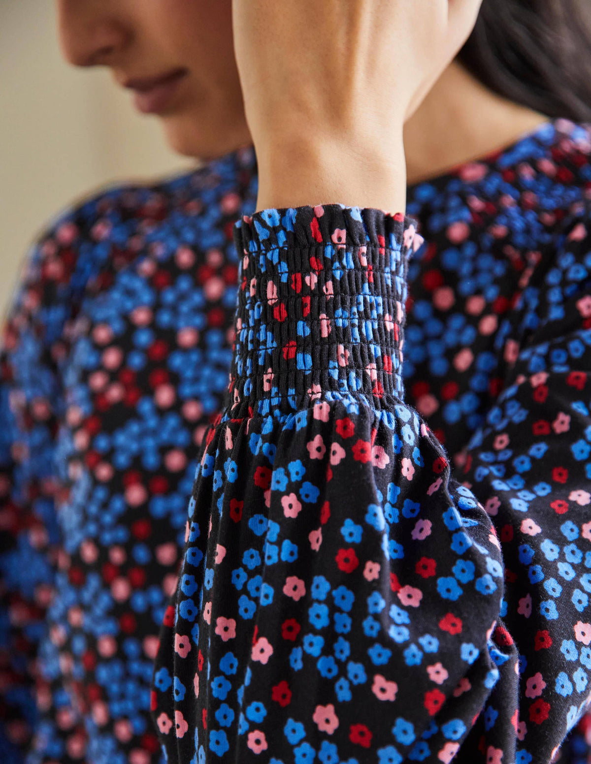 Smocked Blouson Jersey Top-Black Ditsy Cluster-2
