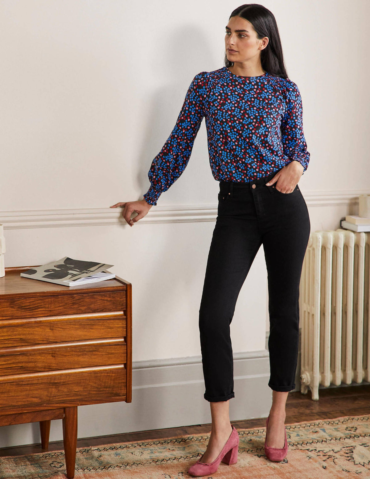 Smocked Blouson Jersey Top-Black Ditsy Cluster - Image 4