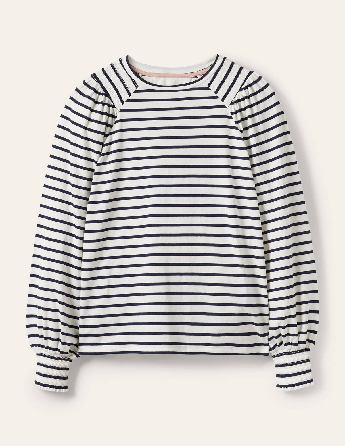 Smocked Blouson Jersey Top-Ivory / Navy Stripe-5