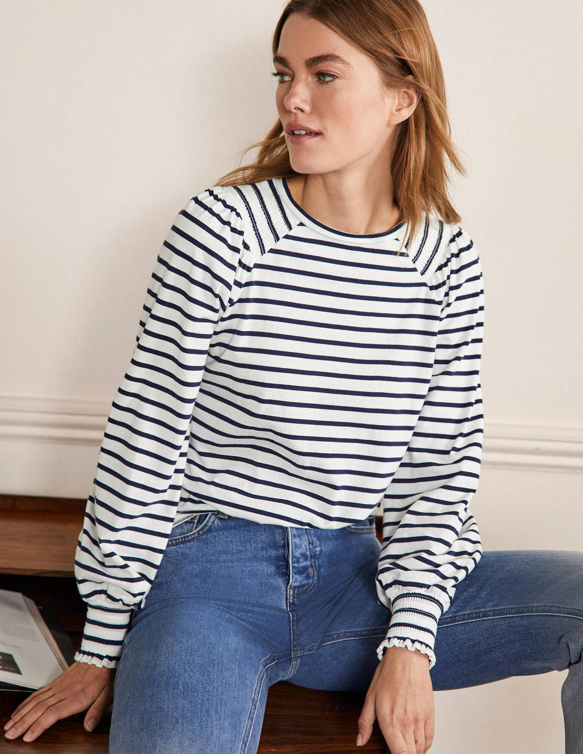 Smocked Blouson Jersey Top-Ivory / Navy Stripe-1