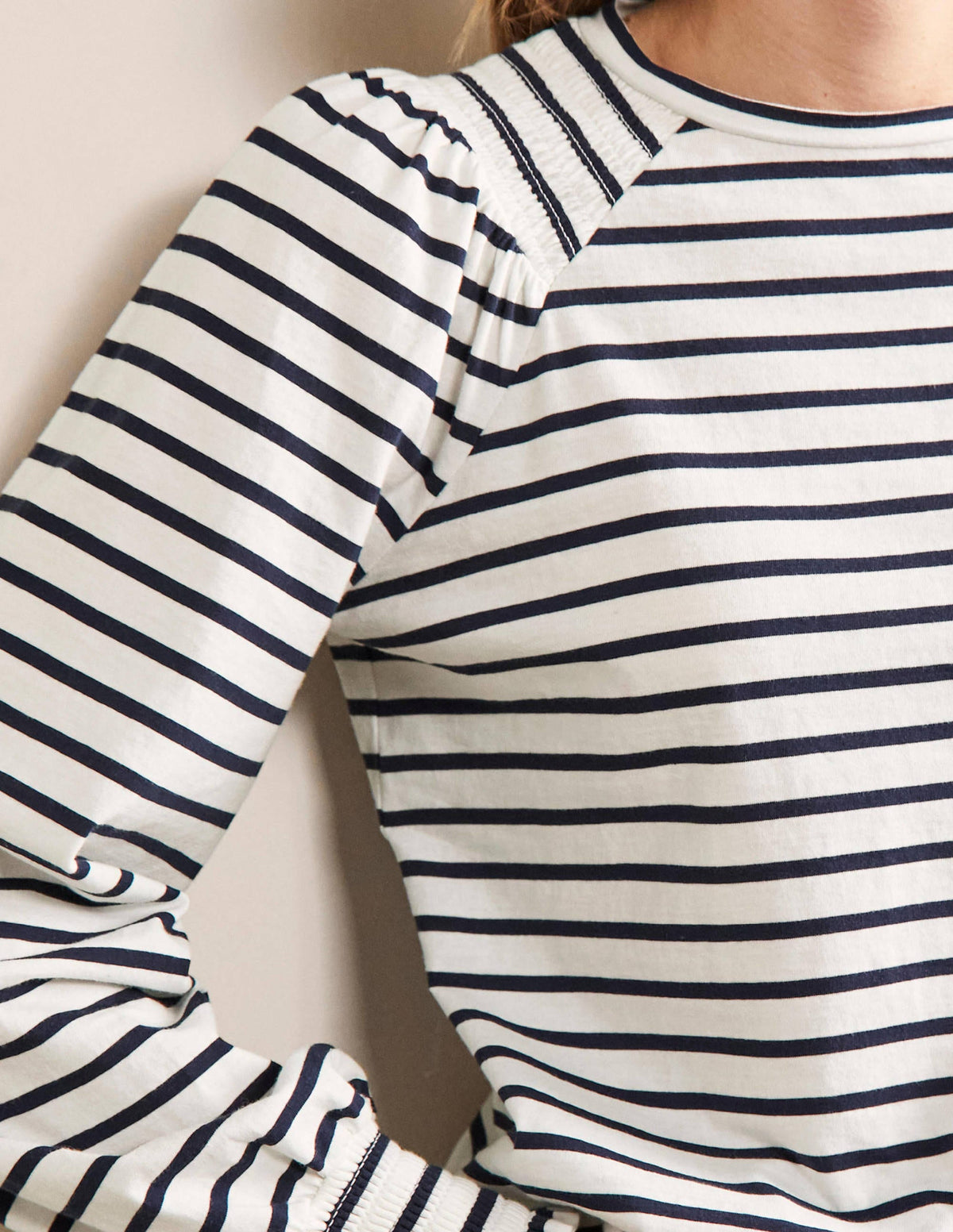 Smocked Blouson Jersey Top-Ivory / Navy Stripe-4