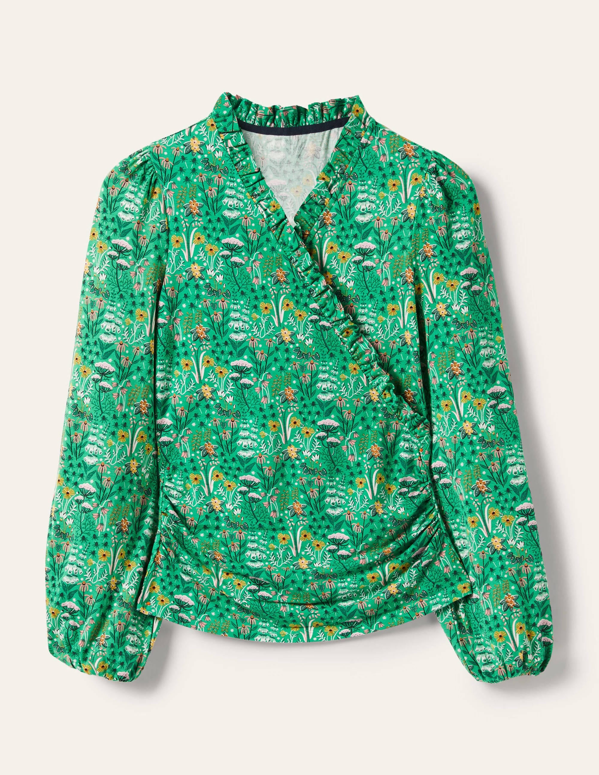 Frill Neck Blouson Wrap Top-Rich Emerald, Wildflower Bloom - Image 5
