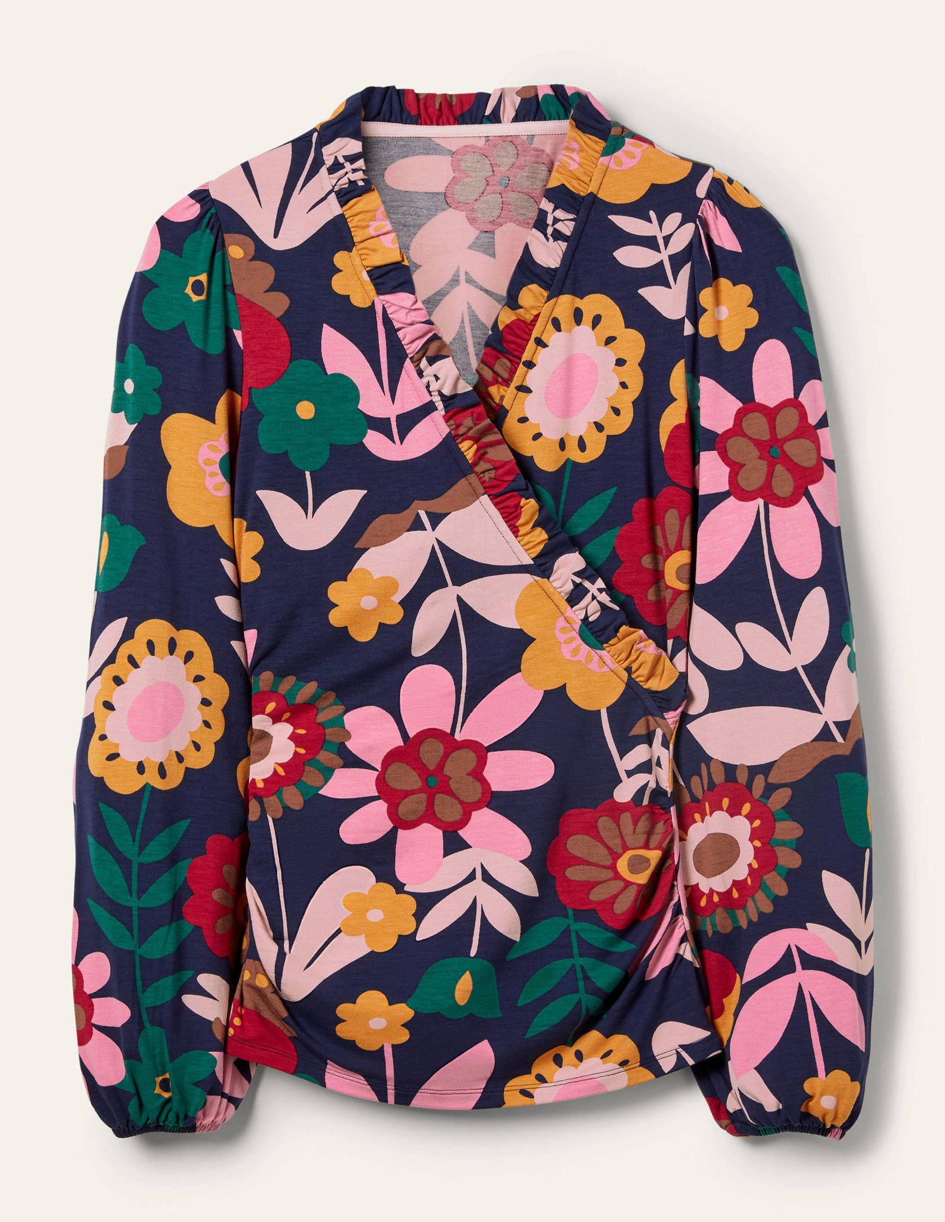 Frill Neck Blouson Wrap Top-French Navy, Flora Bloom-5