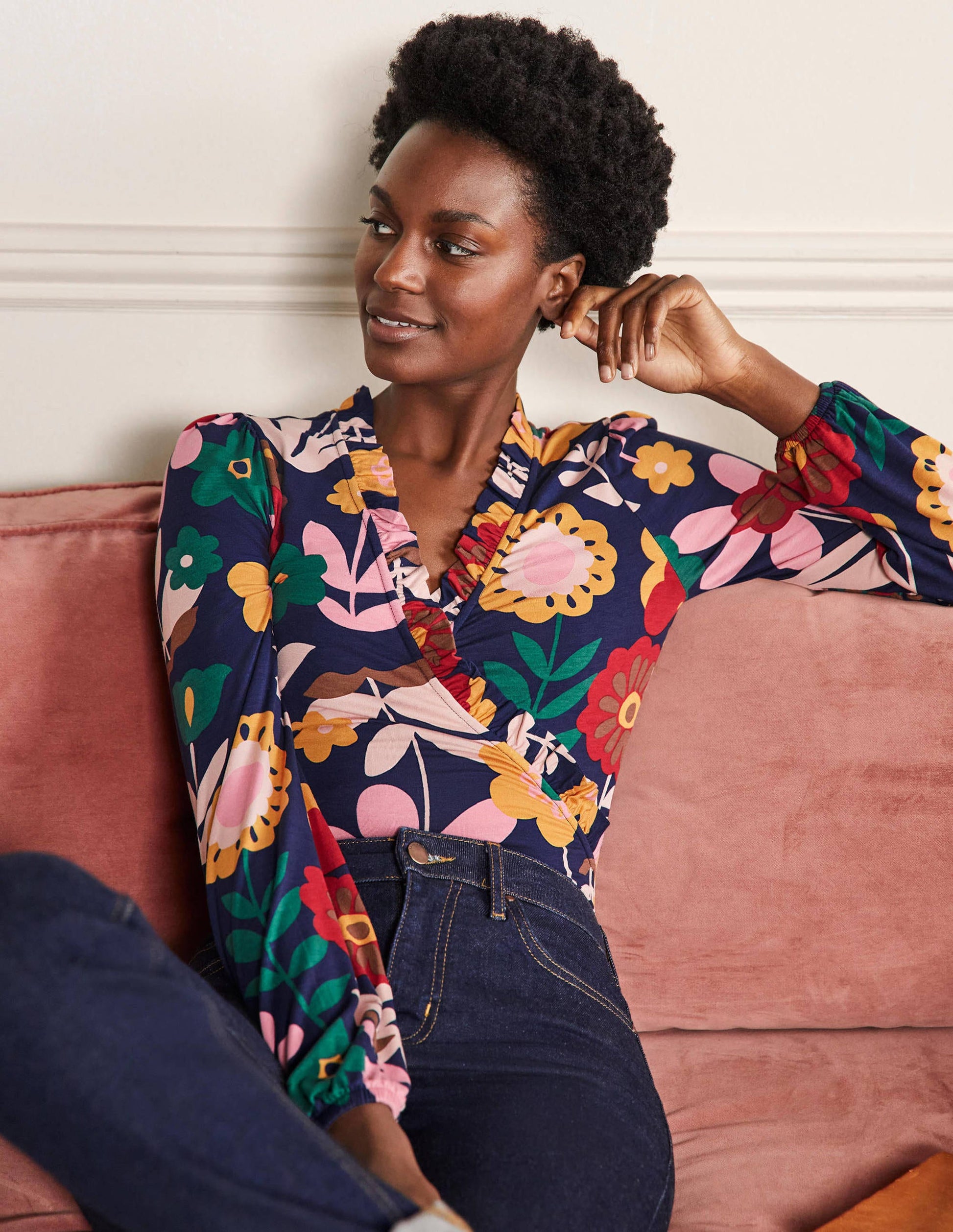 Frill Neck Blouson Wrap Top-French Navy, Flora Bloom-1