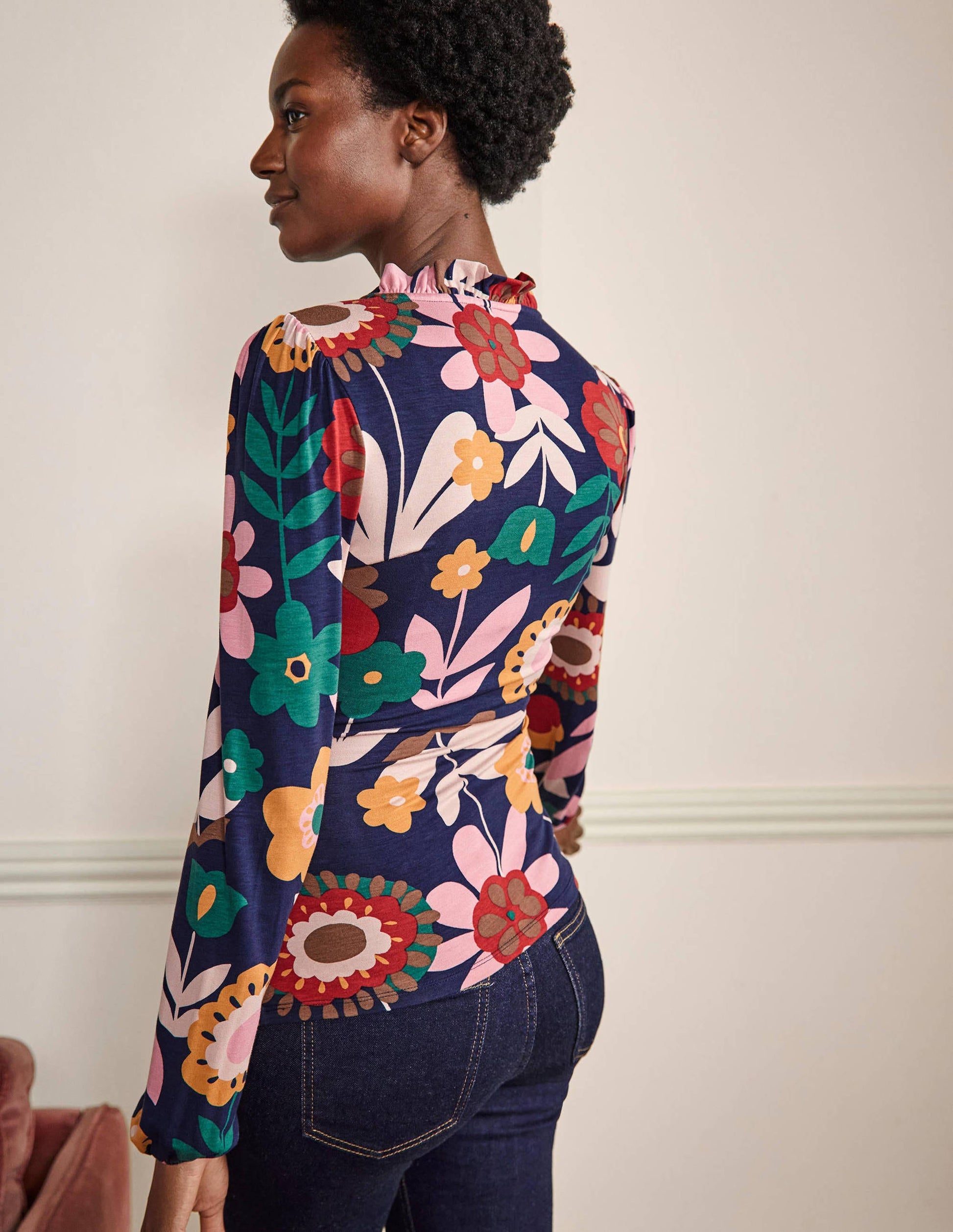 Frill Neck Blouson Wrap Top-French Navy, Flora Bloom-3