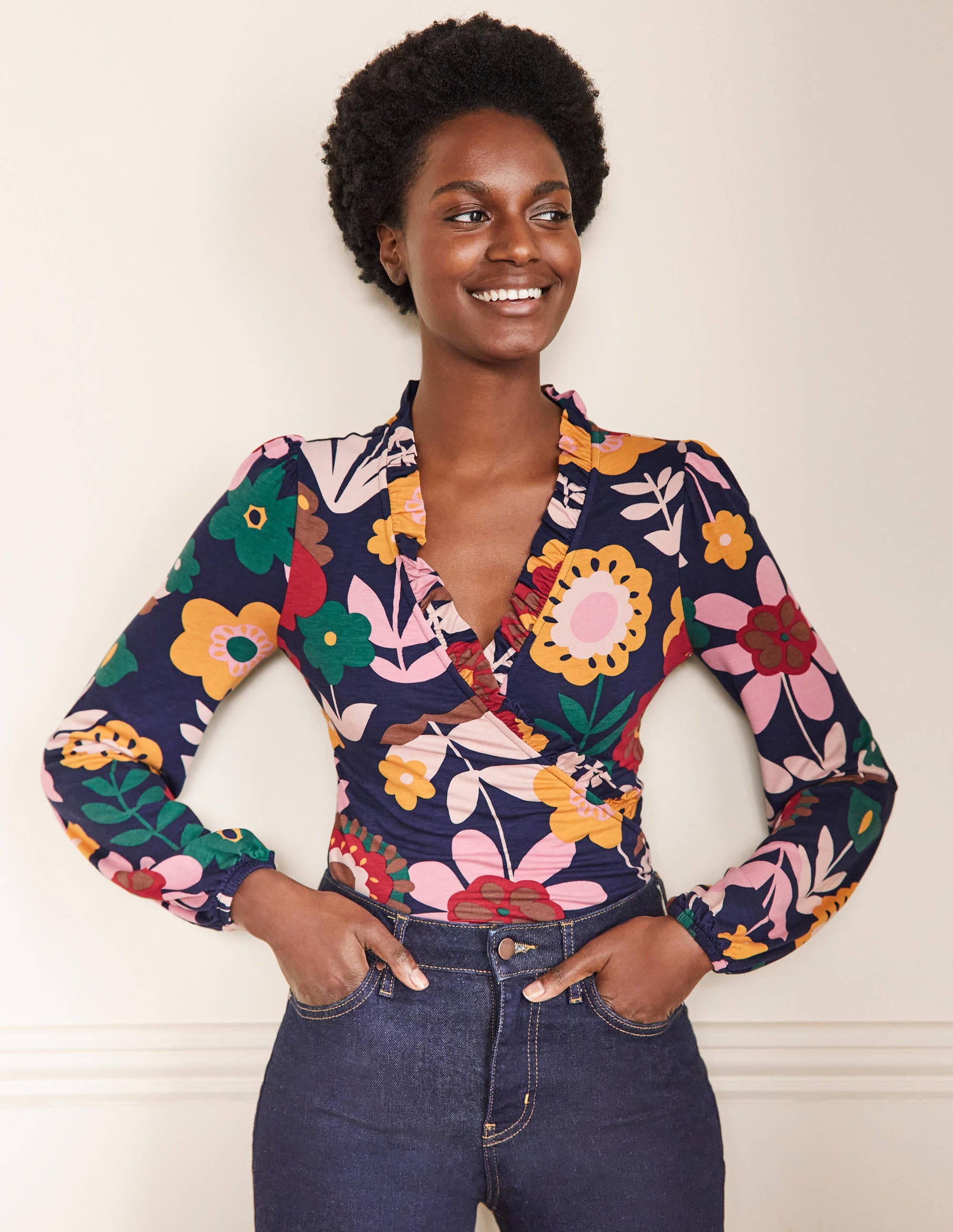 Frill Neck Blouson Wrap Top-French Navy, Flora Bloom - Image 4