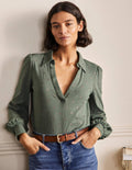 Collared Notch Neck Cotton Top-Alder Foil Flower