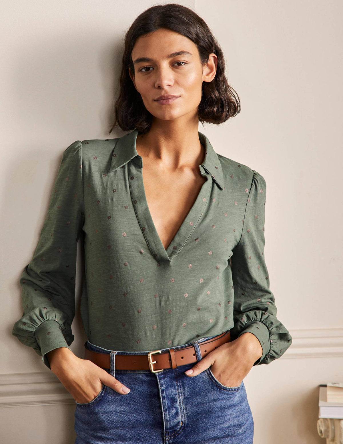 Collared Notch Neck Cotton Top-Alder Foil Flower - Image 1
