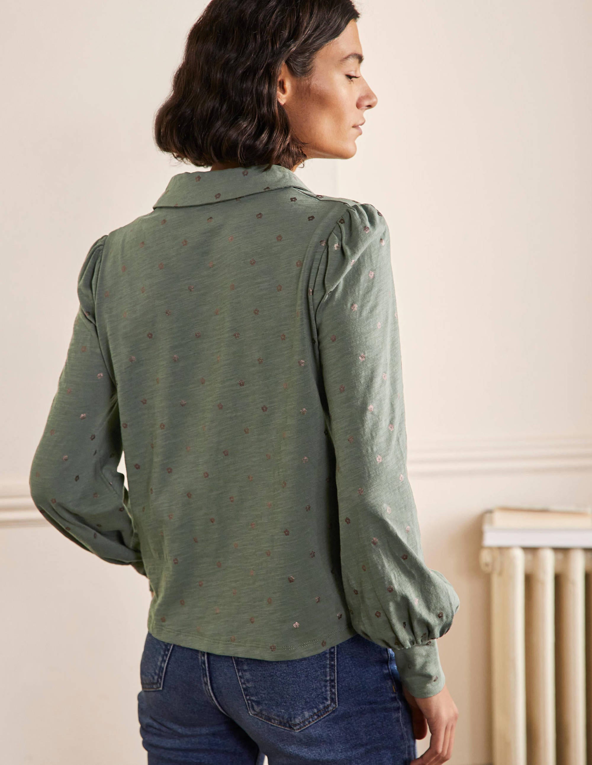 Collared Notch Neck Cotton Top-Alder Foil Flower - Image 3