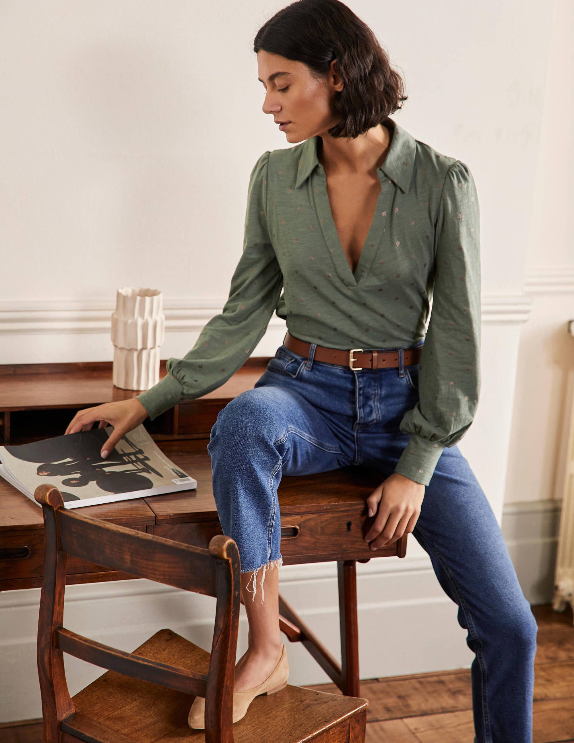 Collared Notch Neck Cotton Top-Alder Foil Flower - Image 4