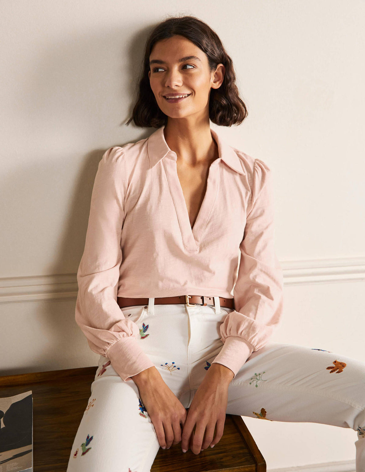 Collared Notch Neck Cotton Top-Milkshake - Image 1