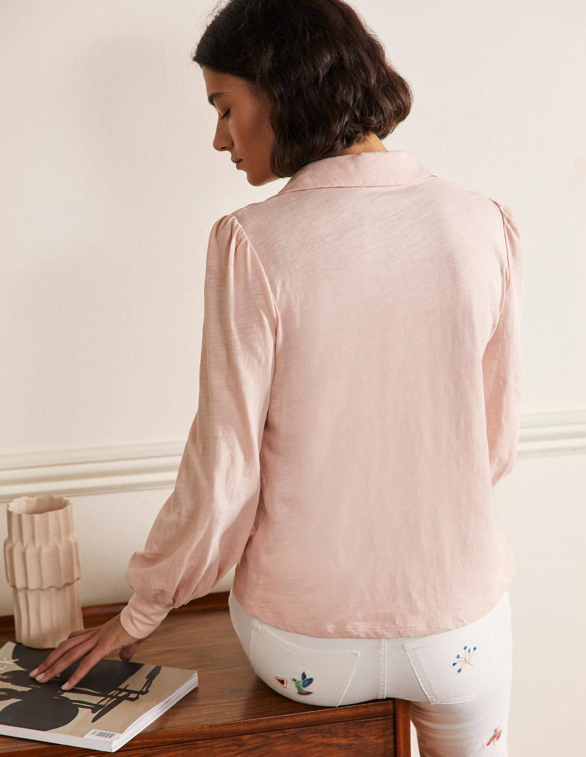 Collared Notch Neck Cotton Top-Milkshake - Image 3