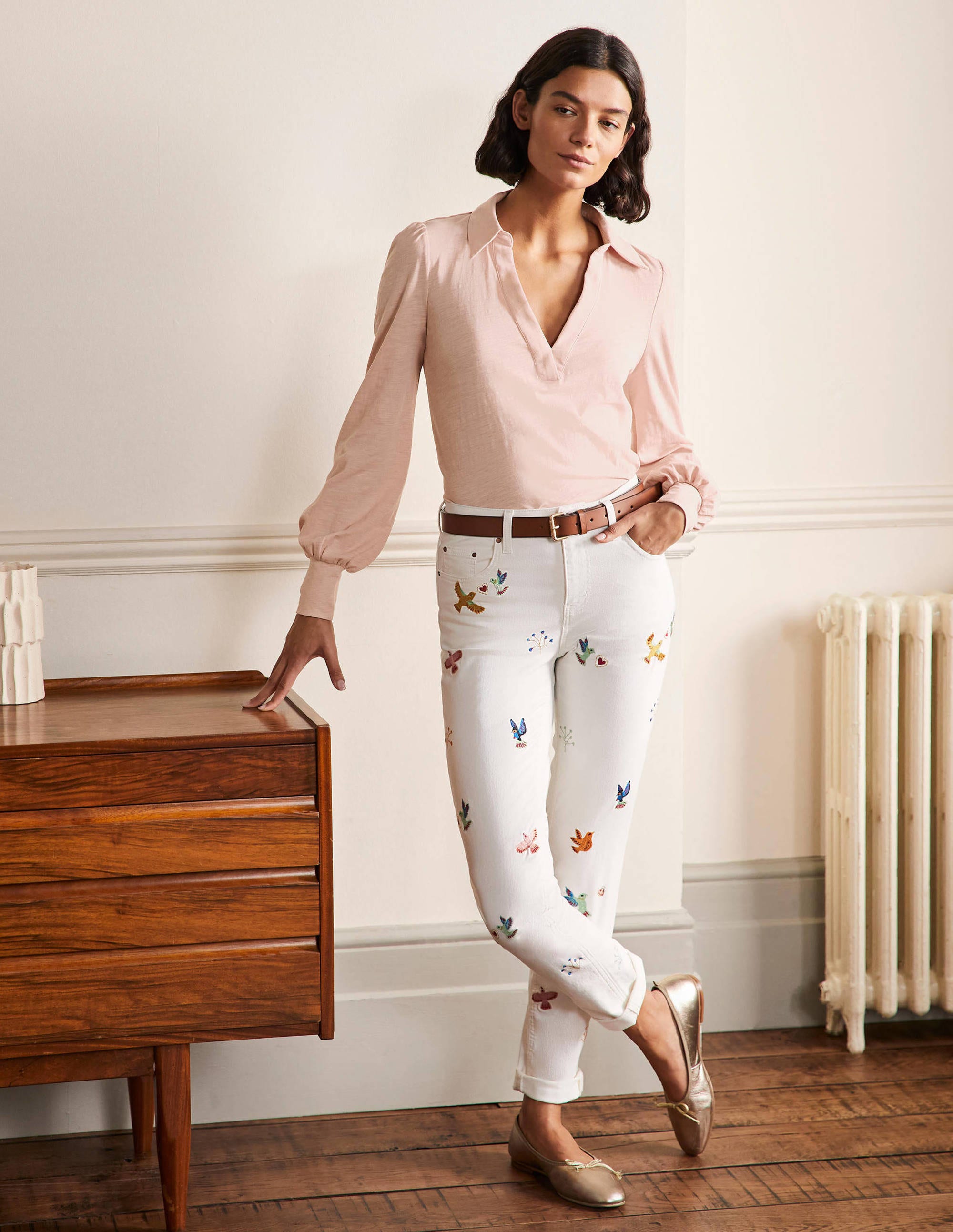 Collared Notch Neck Cotton Top-Milkshake - Image 4