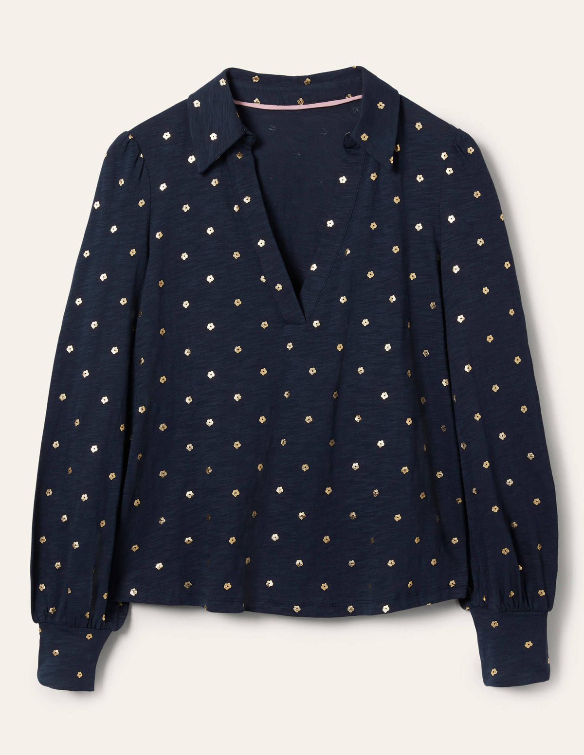 Collared Notch Neck Cotton Top-French Navy Foil Flower - Image 5