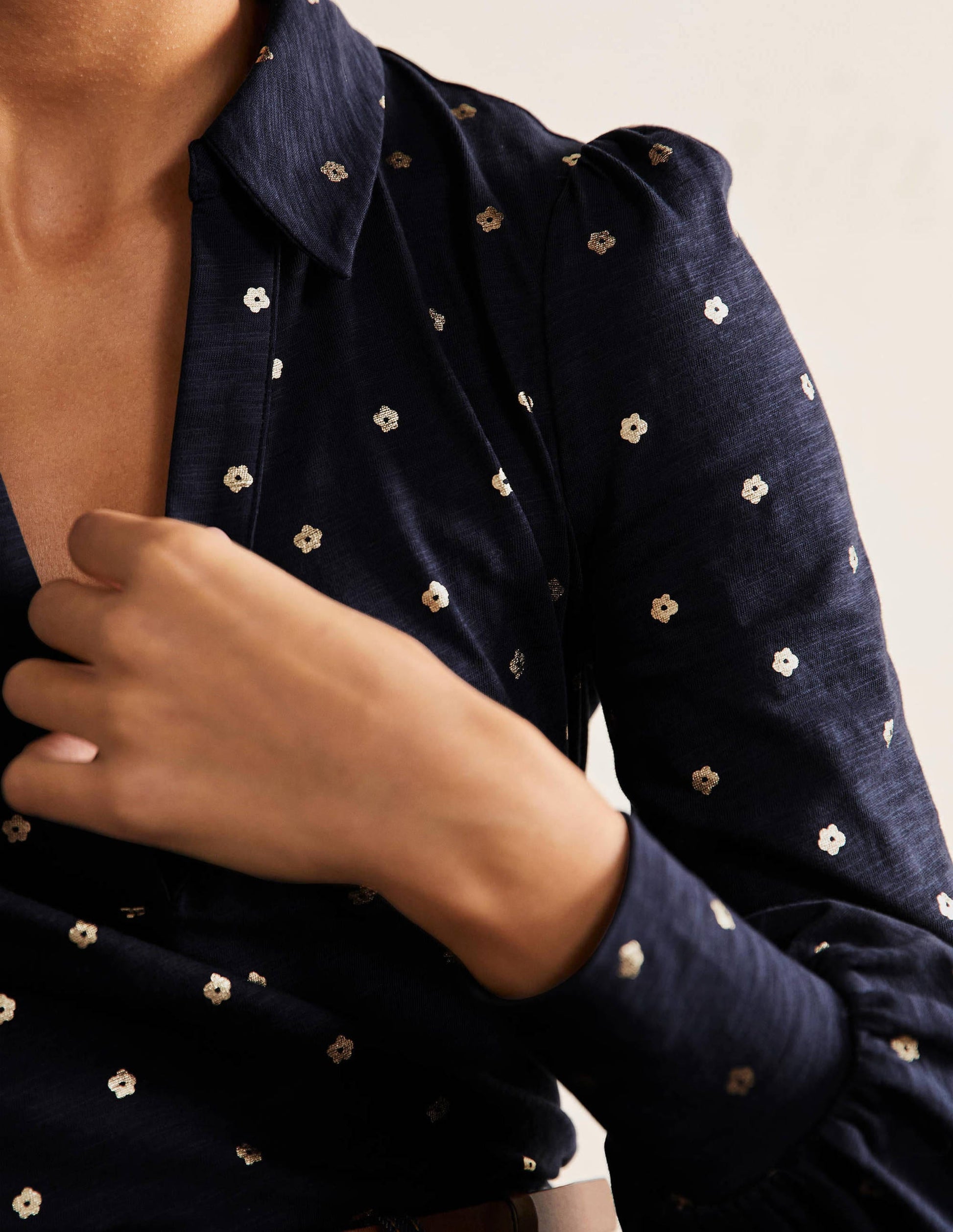 Collared Notch Neck Cotton Top-French Navy Foil Flower-2