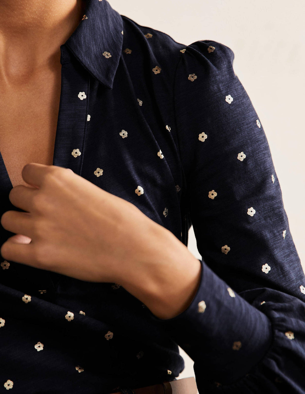 Collared Notch Neck Cotton Top-French Navy Foil Flower - Image 2