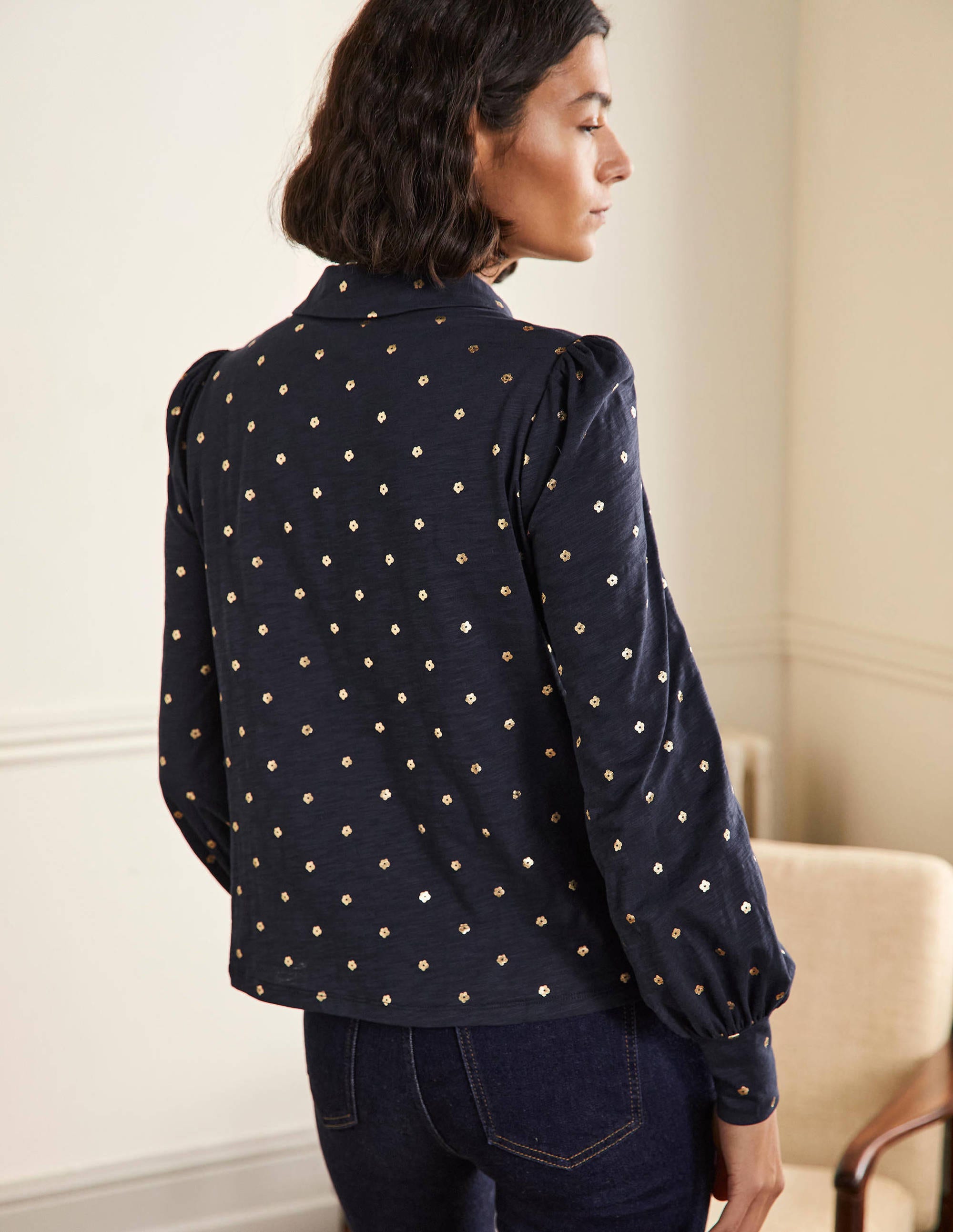 Collared Notch Neck Cotton Top-French Navy Foil Flower - Image 3