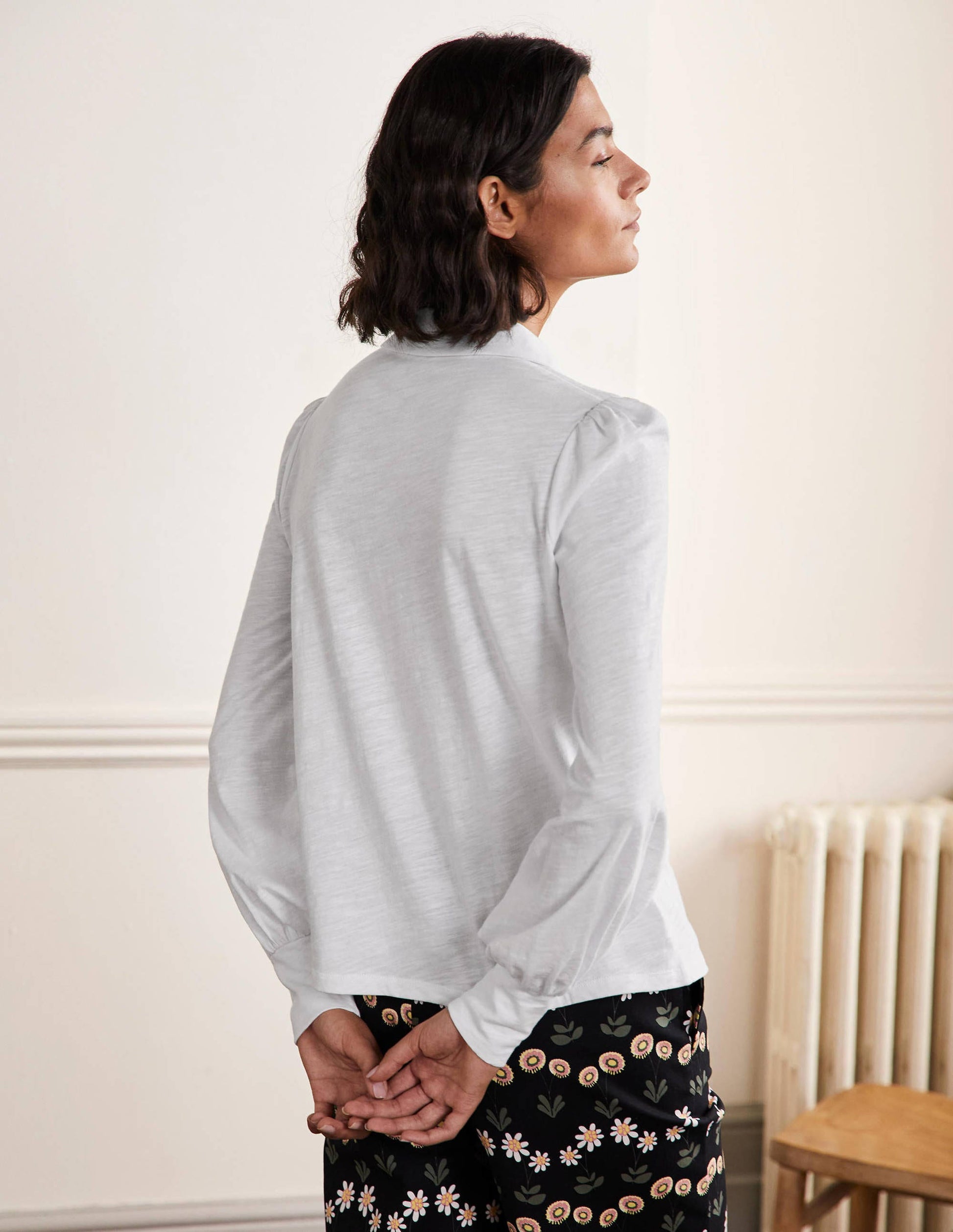 Collared Notch Neck Cotton Top-White-3