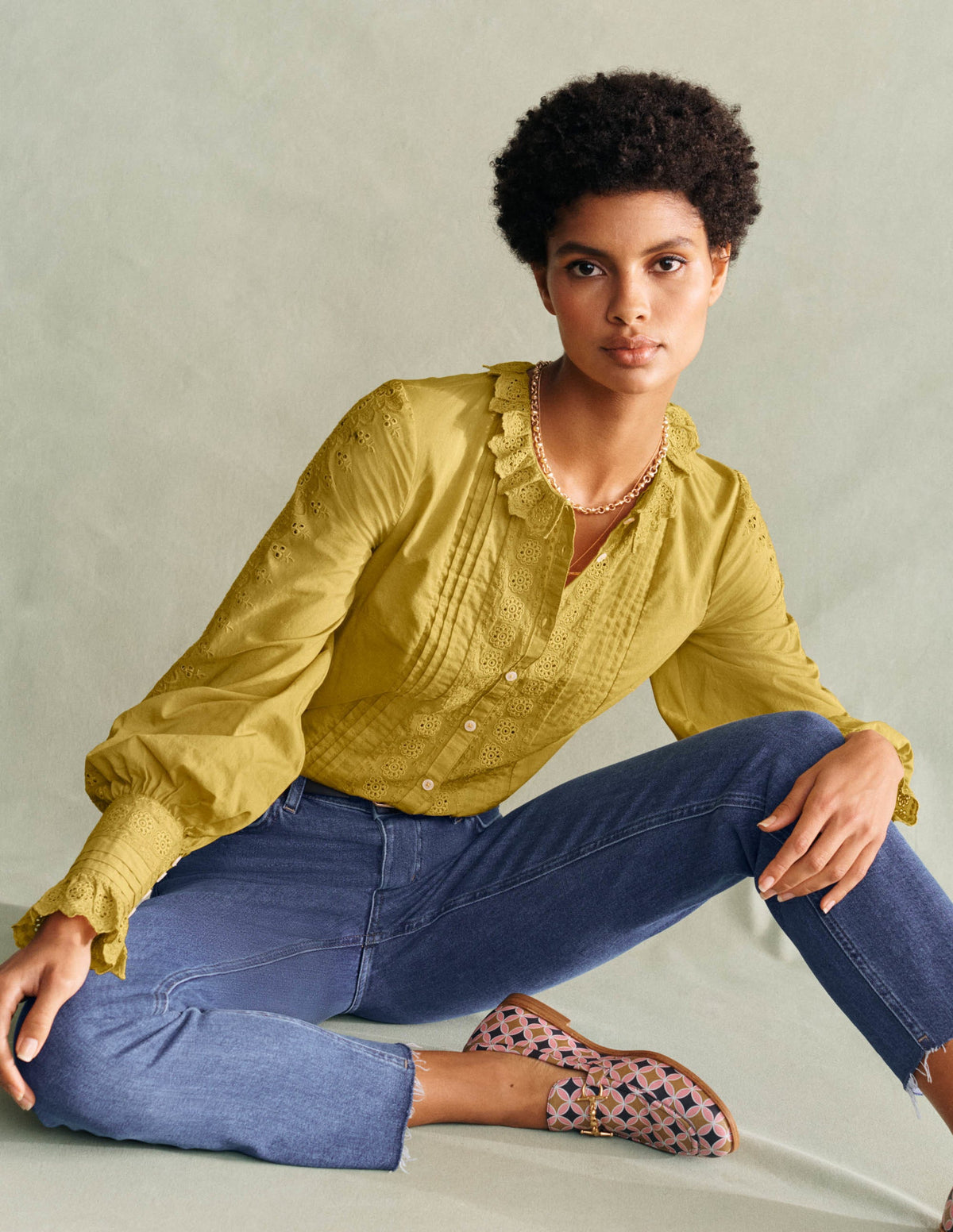 Broderie Trim Blouse-Olive Oil - Image 6
