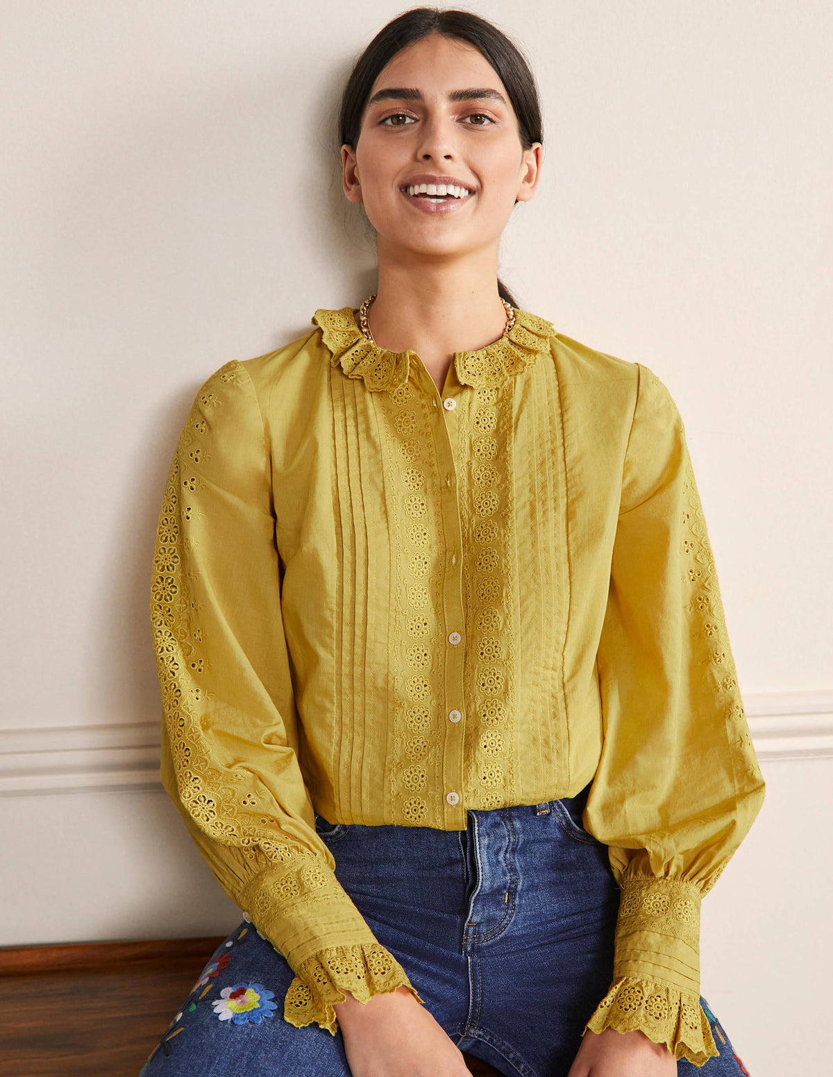 Broderie Trim Blouse-Olive Oil - Image 1