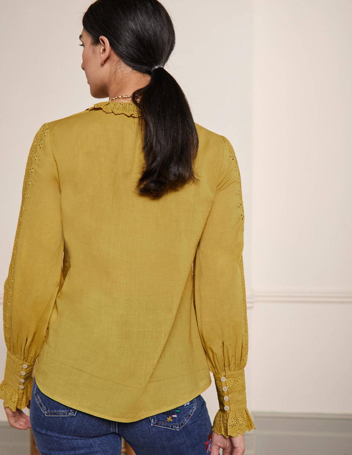 Broderie Trim Blouse-Olive Oil - Image 3
