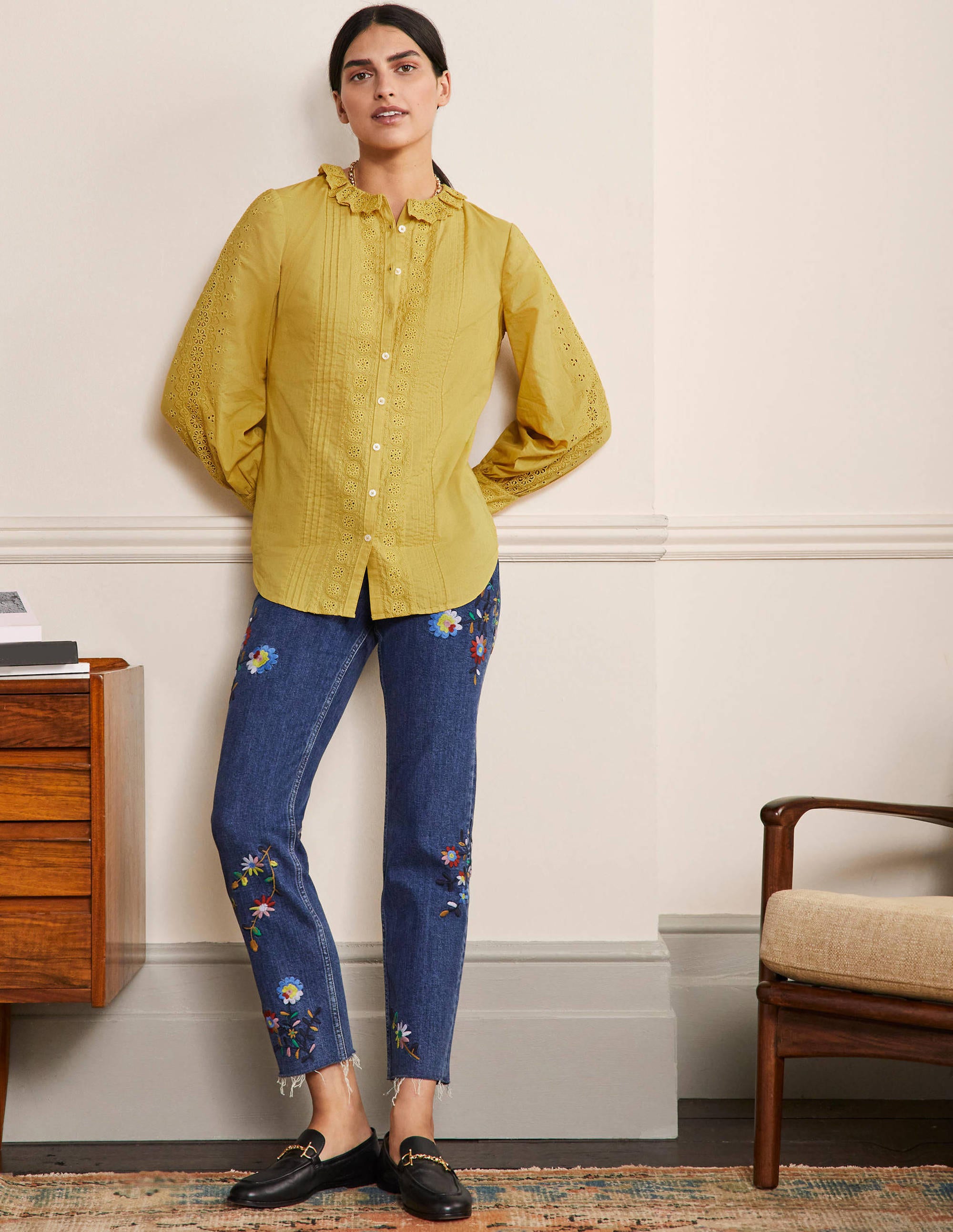 Broderie Trim Blouse-Olive Oil - Image 4
