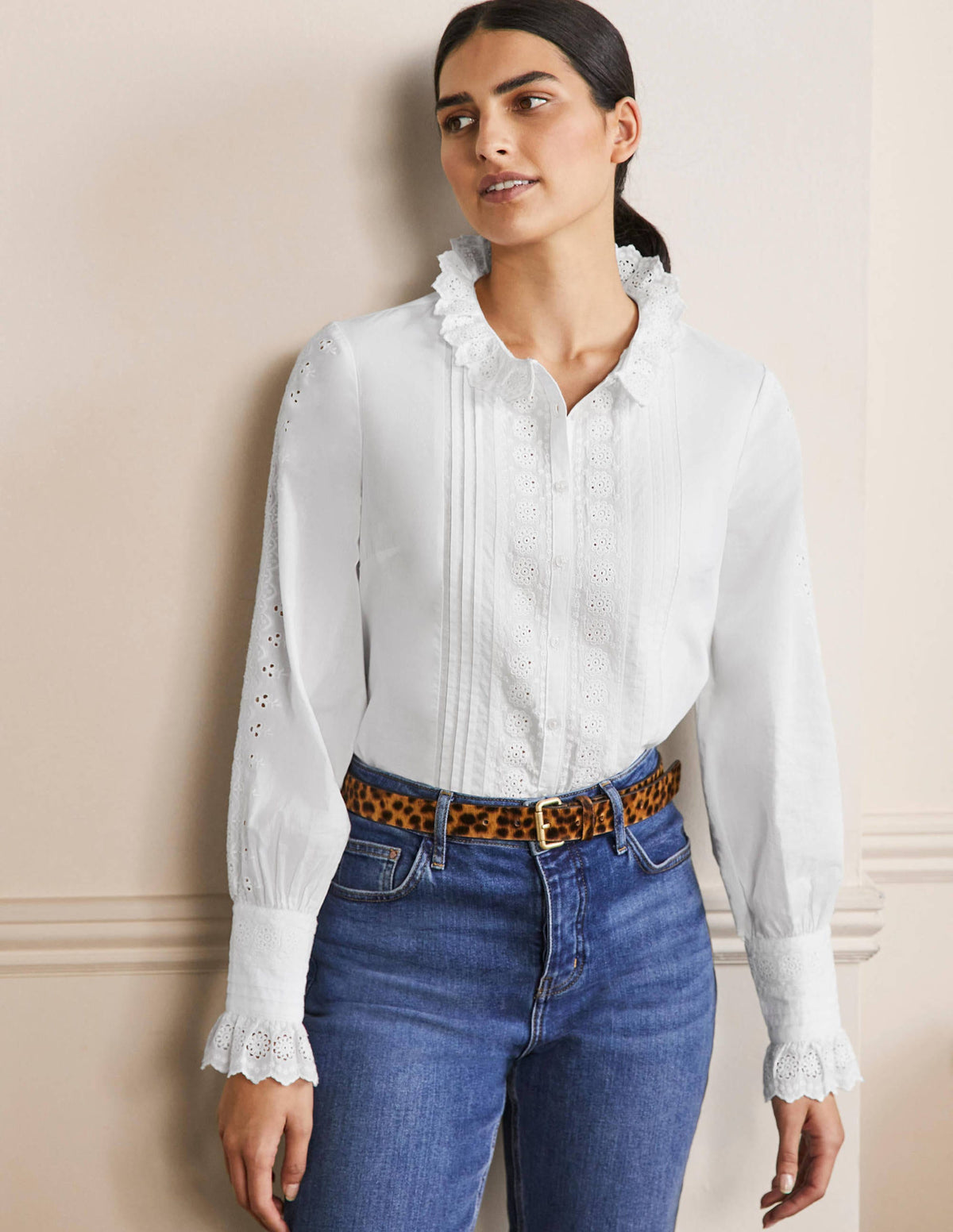 Broderie Trim Blouse-White-1