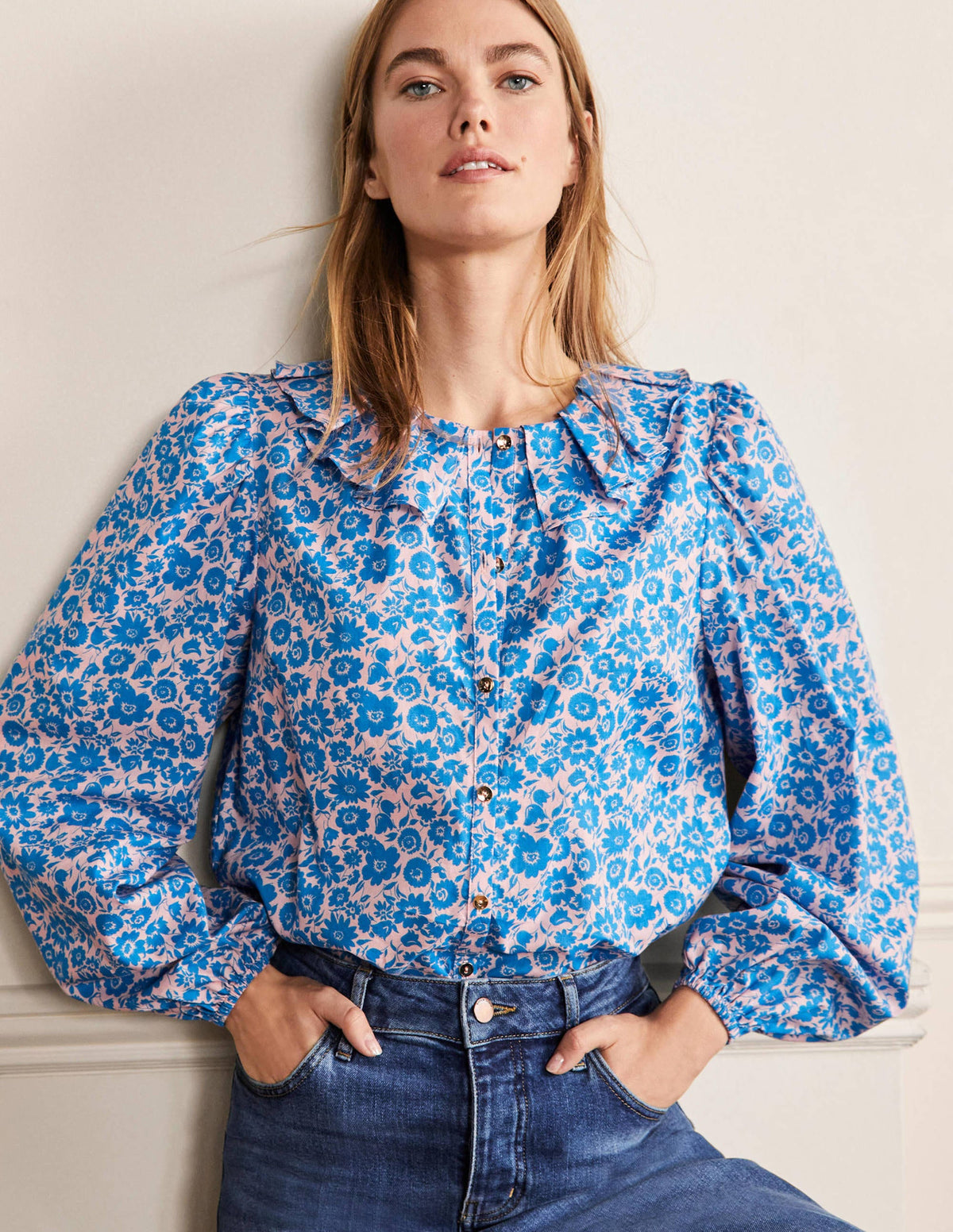 Pleated Collar Blouse-Moroccan Blue Elegant Bloom-1