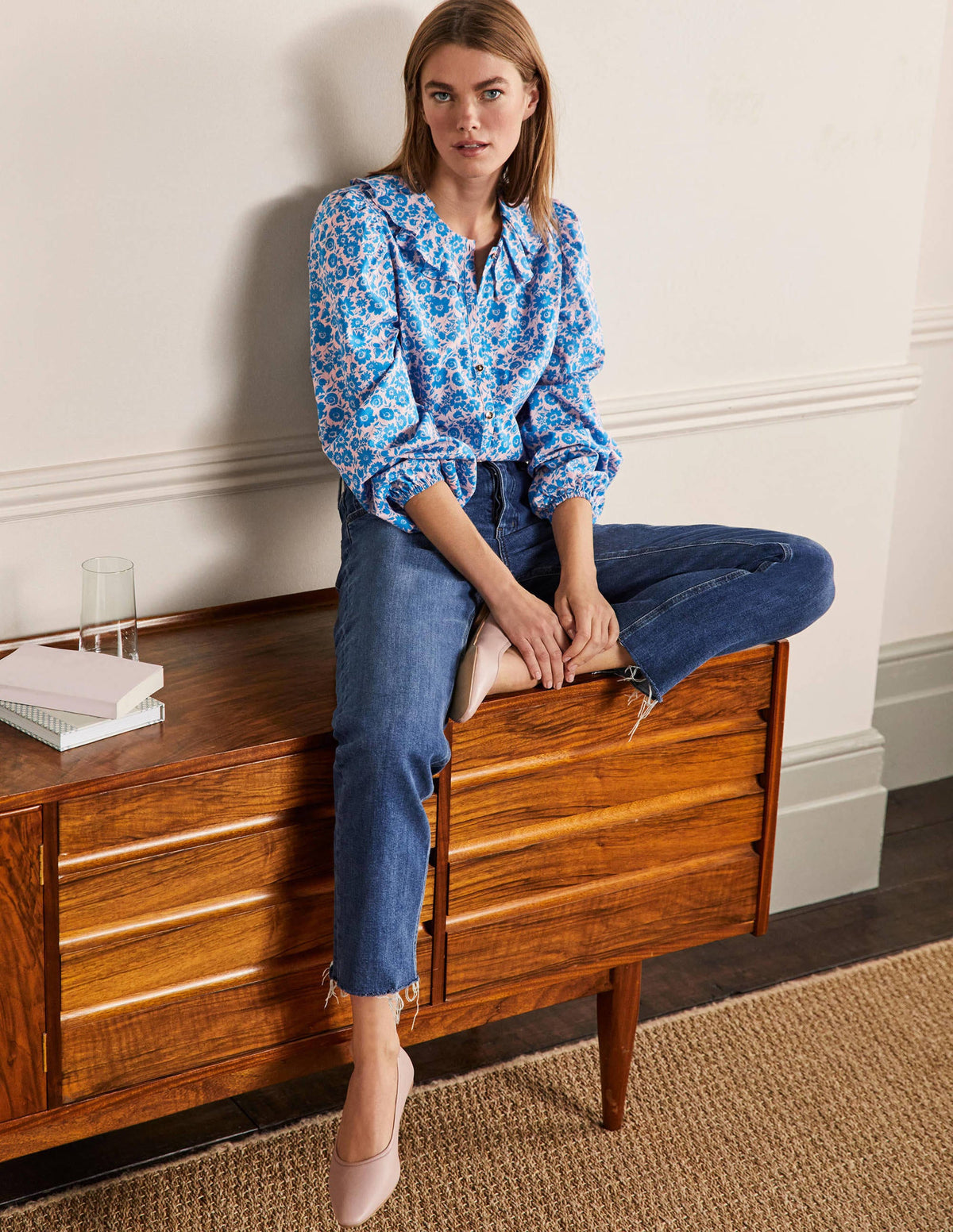 Pleated Collar Blouse-Moroccan Blue Elegant Bloom - Image 4