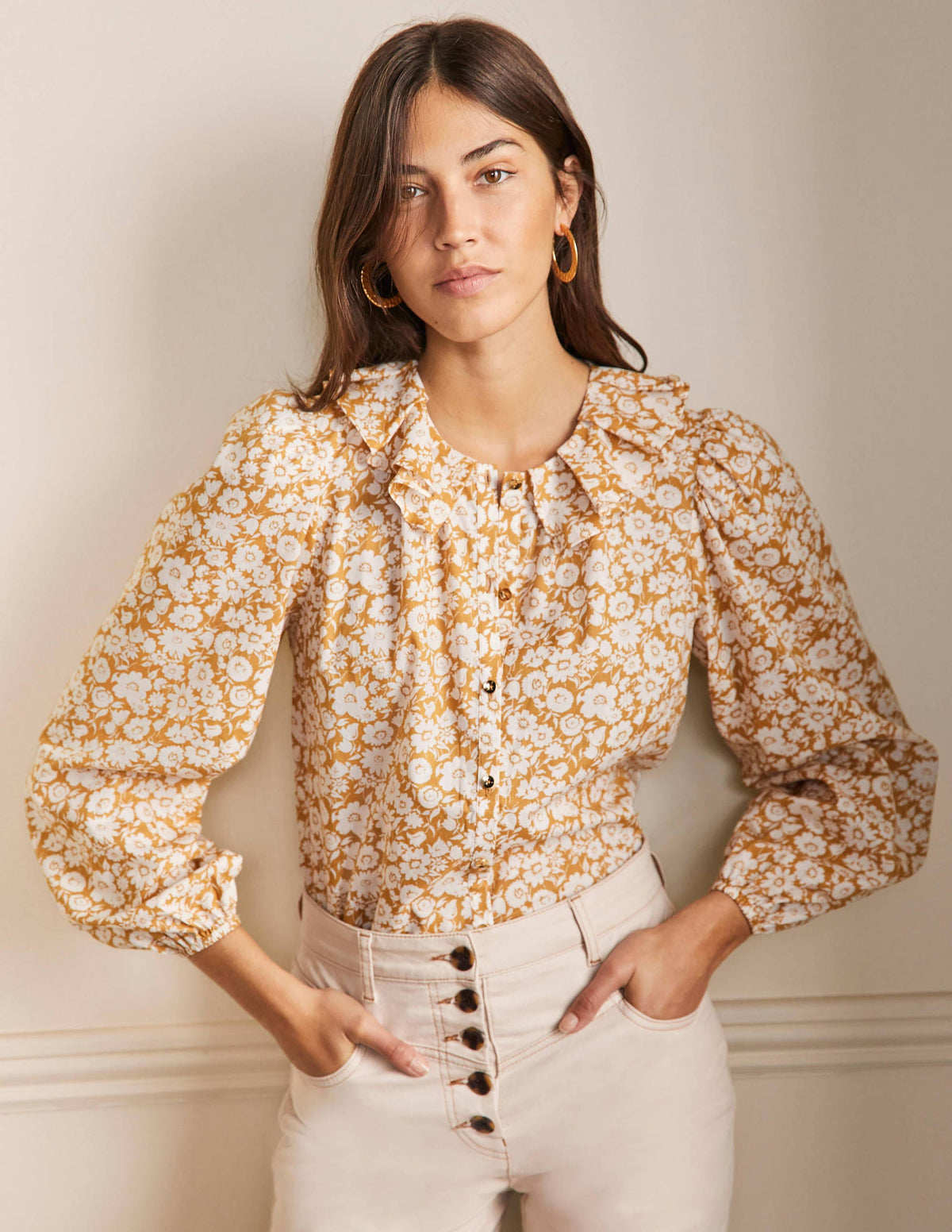 Pleated Collar Blouse-Brioche, Elegant Bloom - Image 1