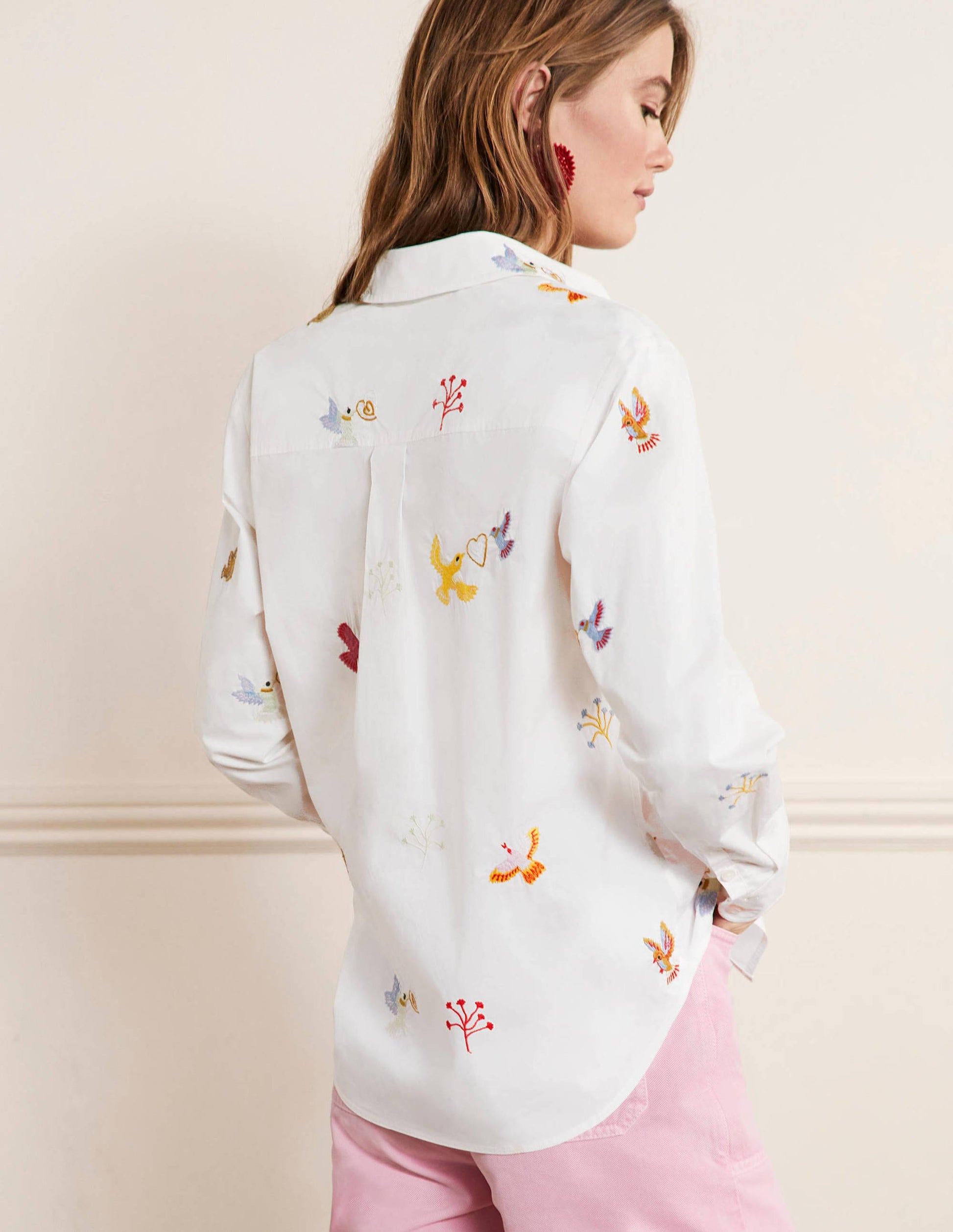 Relaxed Cotton Shirt-White, Bird Embroidered-3