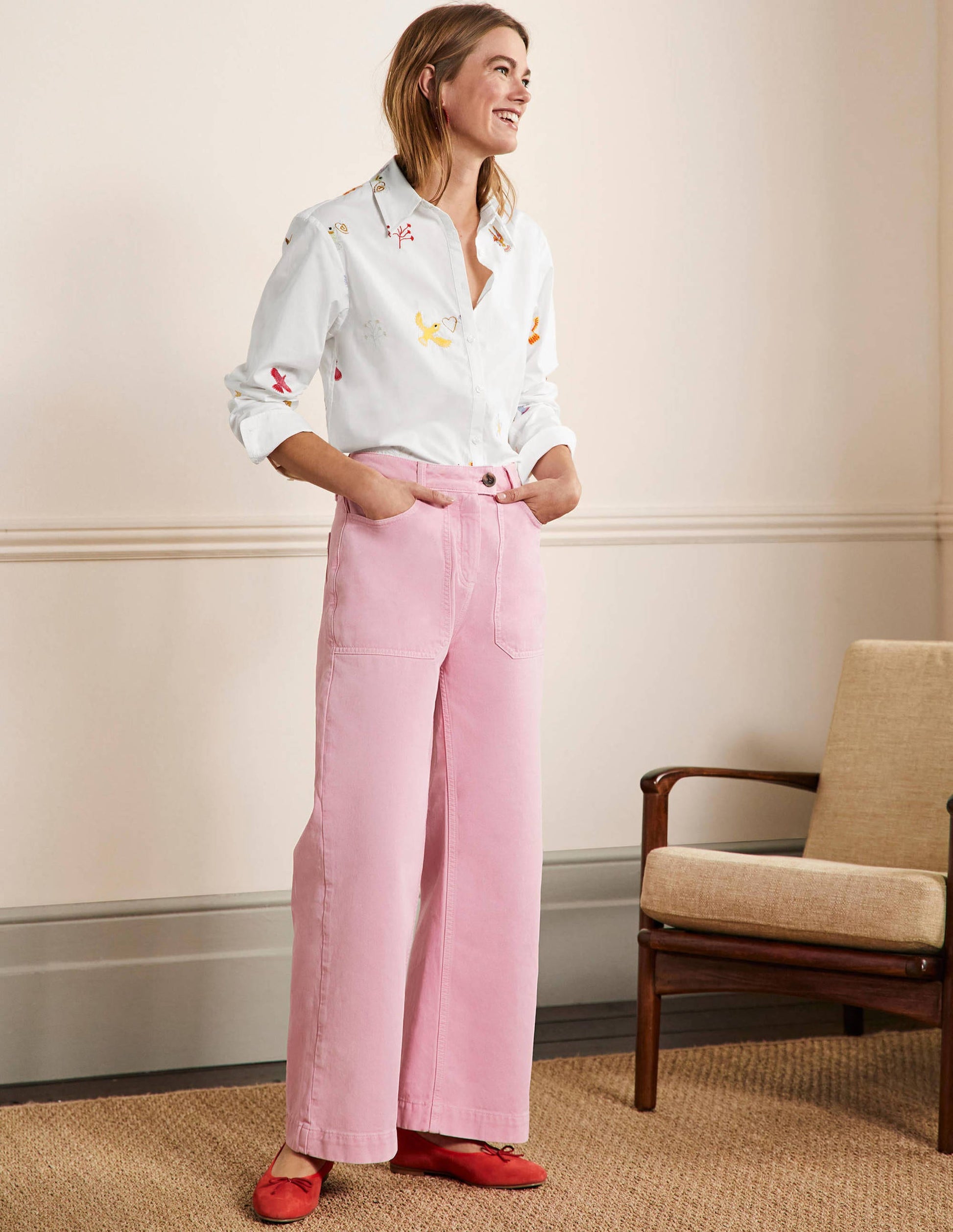 Relaxed Cotton Shirt-White, Bird Embroidered-4