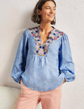 Embroidered Top-Chambray