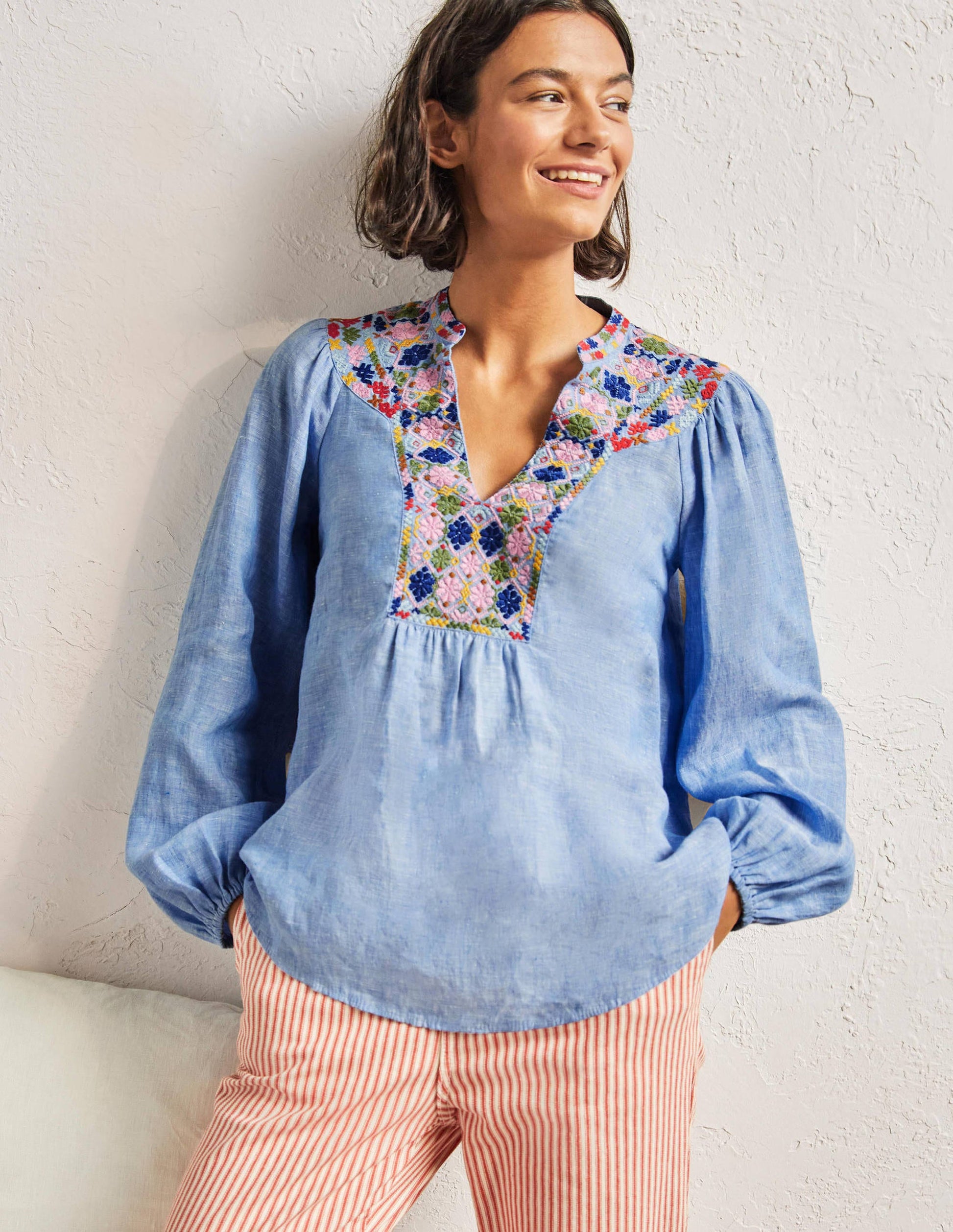 Embroidered Top-Chambray-1