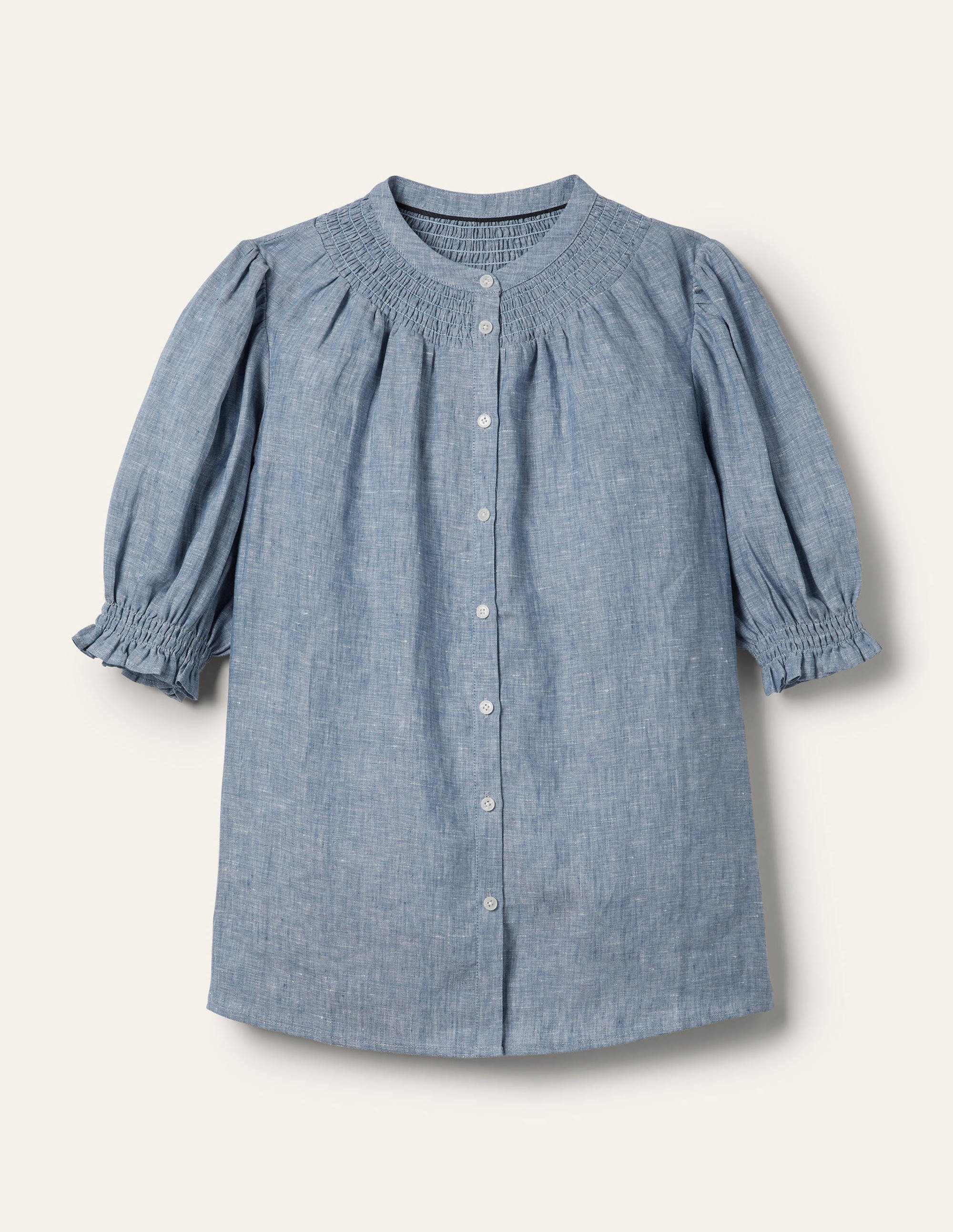 Smocked Short Sleeve Blouse-Chambray - Image 5