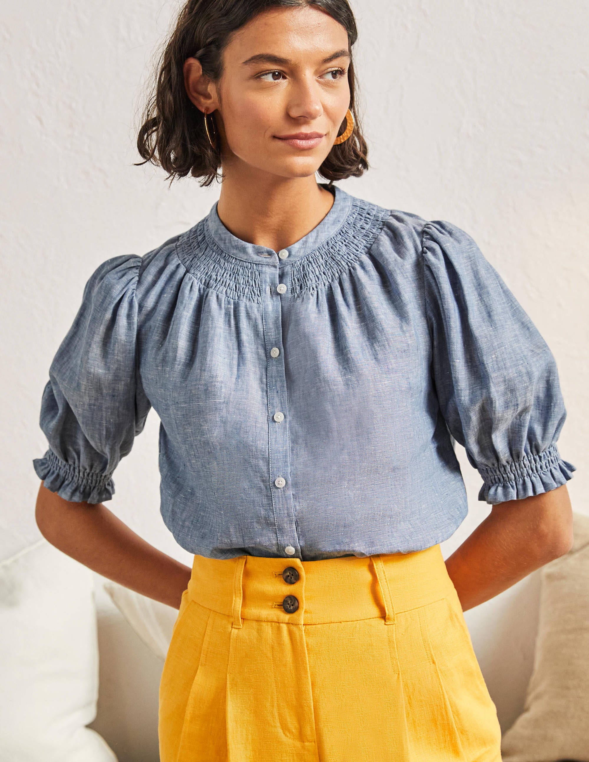 Smocked Short Sleeve Blouse-Chambray - Image 1