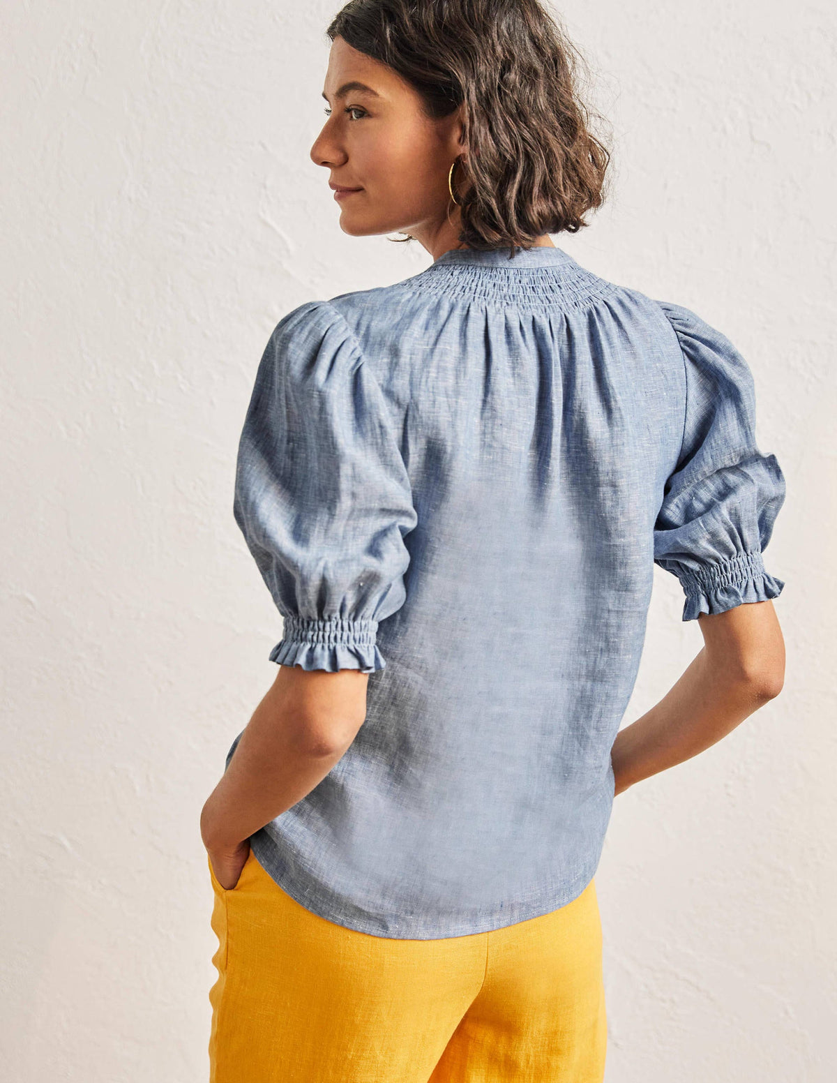Smocked Short Sleeve Blouse-Chambray-3